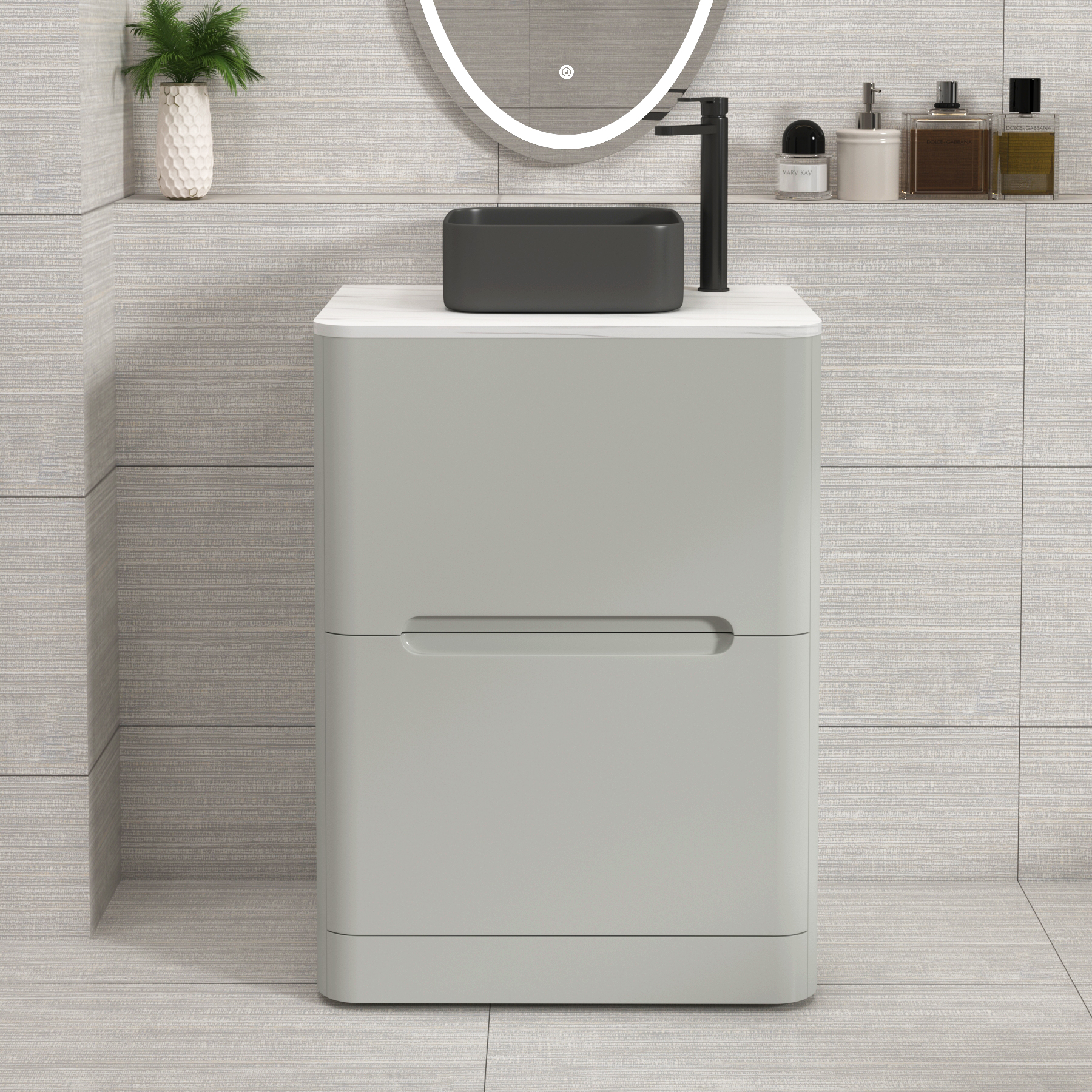 Venice Dove Grey 2 Drawer Floor Standing Vanity Unit with Carrara White Undrilled Worktop & Various Countertop Basins