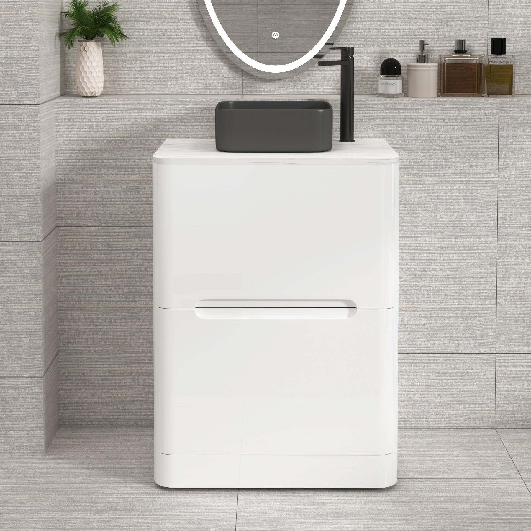 Venice Gloss White 2 Drawer Floor Standing Vanity Unit with Carrara White Undrilled Worktop & Various Countertop Basins