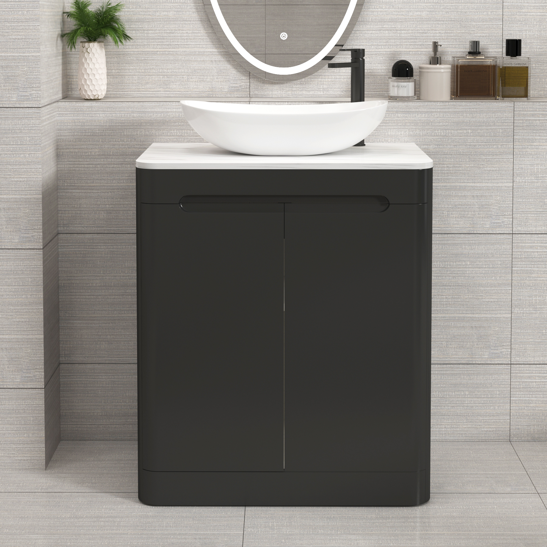 Venice Matt Nocturne Black 2 Door Floor Standing Vanity Unit with Carrara White Undrilled Worktop & Various Countertop Basins