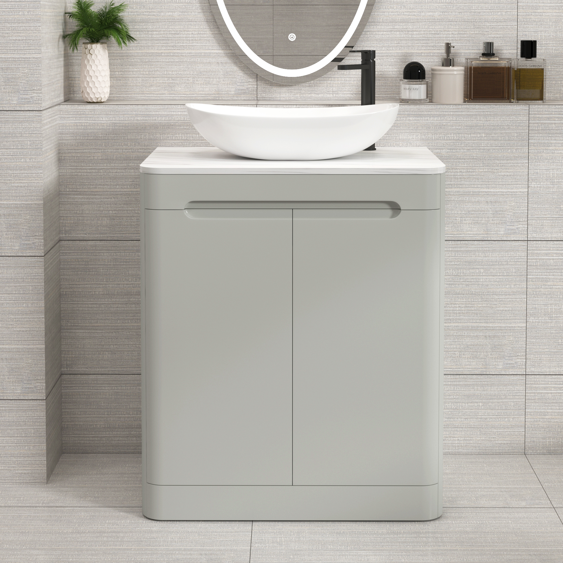 Venice Dove Grey 2 Door Floor Standing Vanity Unit with Carrara White Undrilled Worktop & Various Countertop Basins