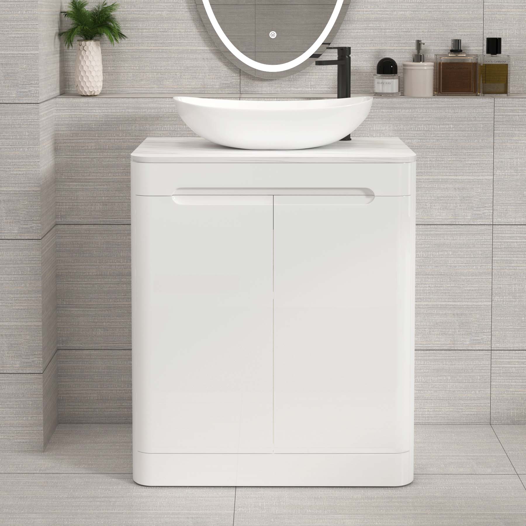 Venice Gloss White 2 Door Floor Standing Vanity Unit with Carrara White Undrilled Worktop & Various Countertop Basins
