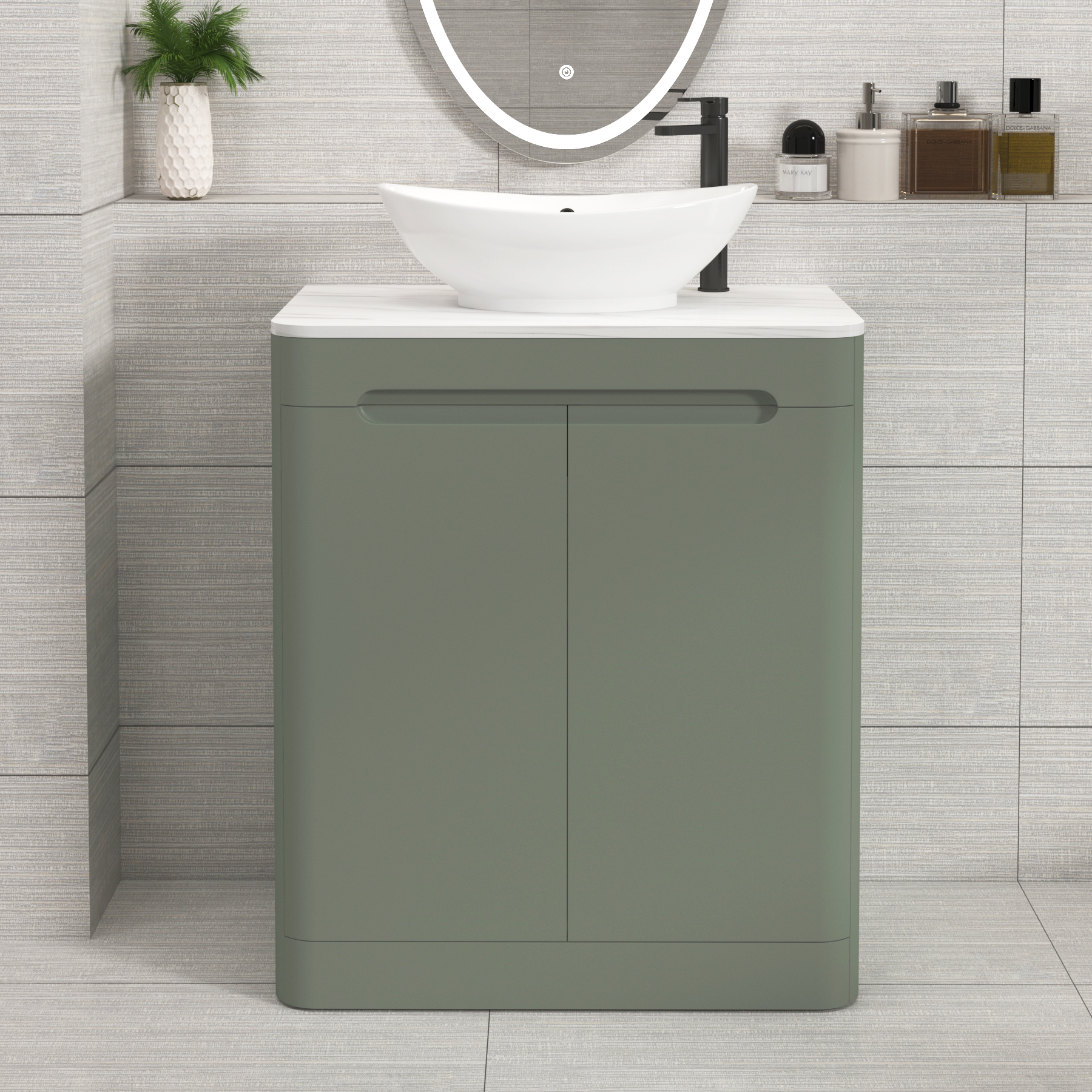 Venice Sage Green 2 Door Floor Standing Vanity Unit with Carrara White Undrilled Worktop & Various Countertop Basins