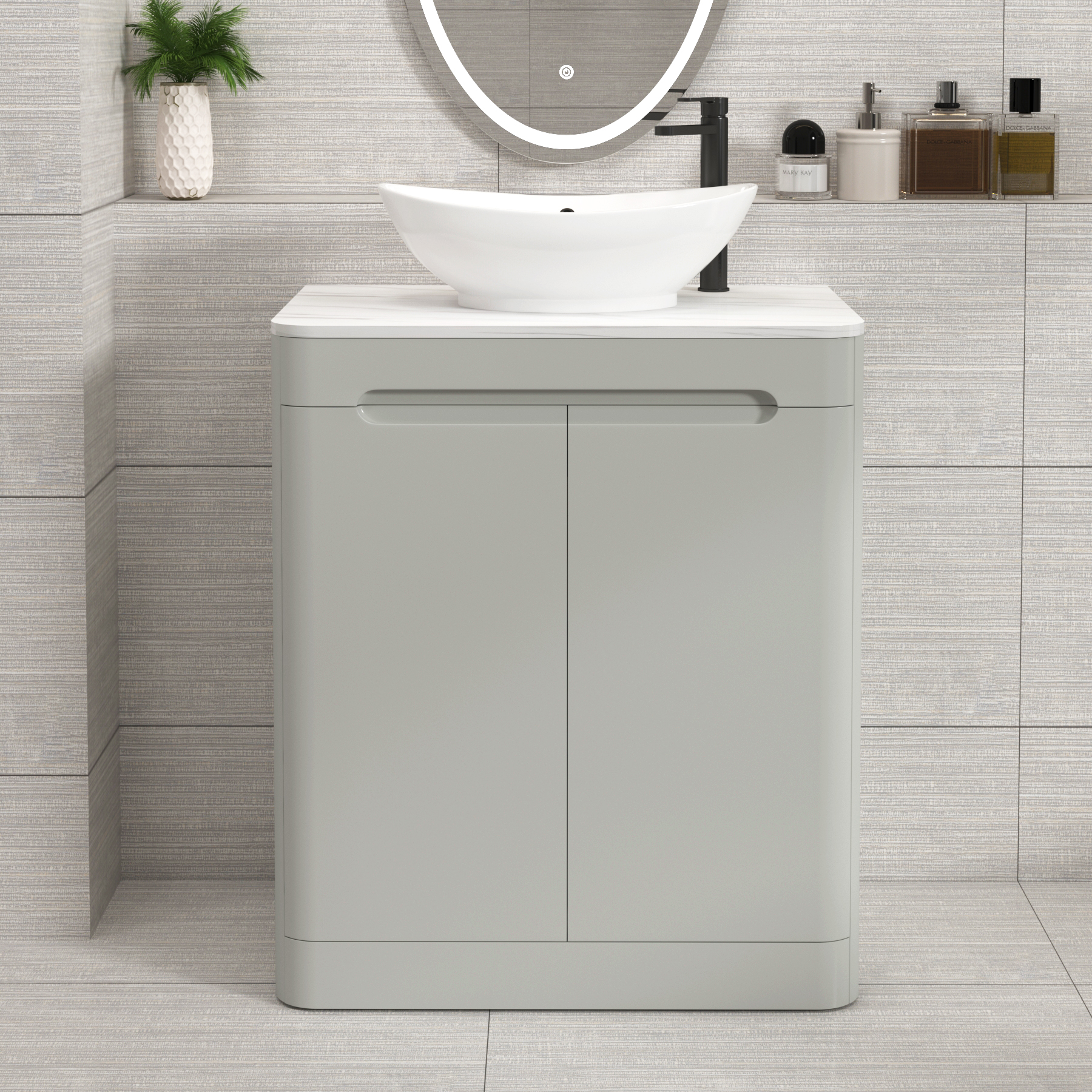Venice Dove Grey 2 Door Floor Standing Vanity Unit with Carrara White Undrilled Worktop & Various Countertop Basins