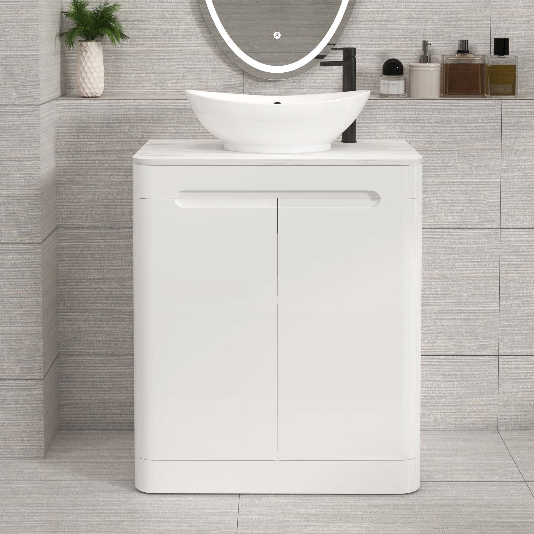 Venice Gloss White 2 Door Floor Standing Vanity Unit with Carrara White Undrilled Worktop & Various Countertop Basins