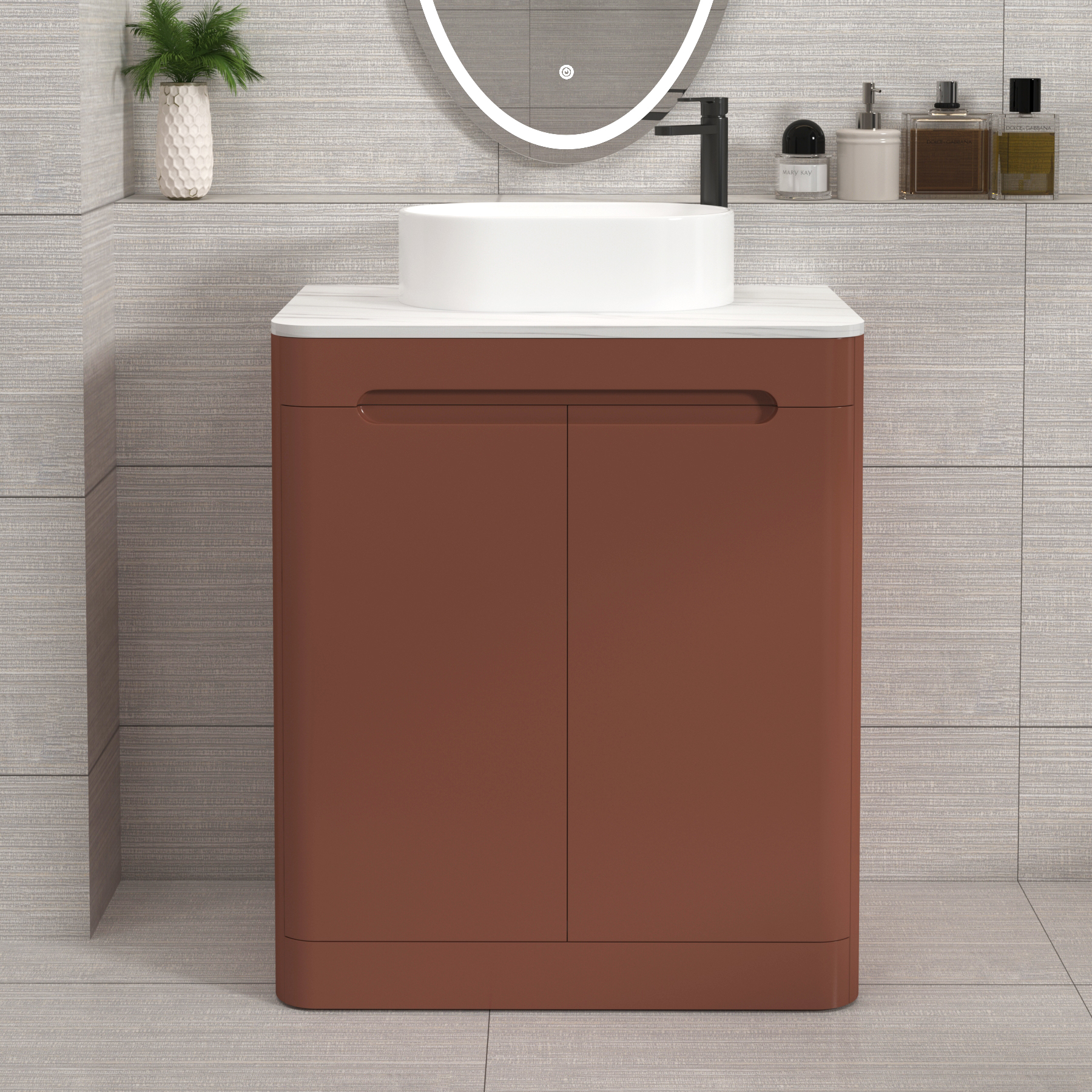 Venice Terracotta Clay 2 Door Floor Standing Vanity Unit with Carrara White Undrilled Worktop & Various Countertop Basins