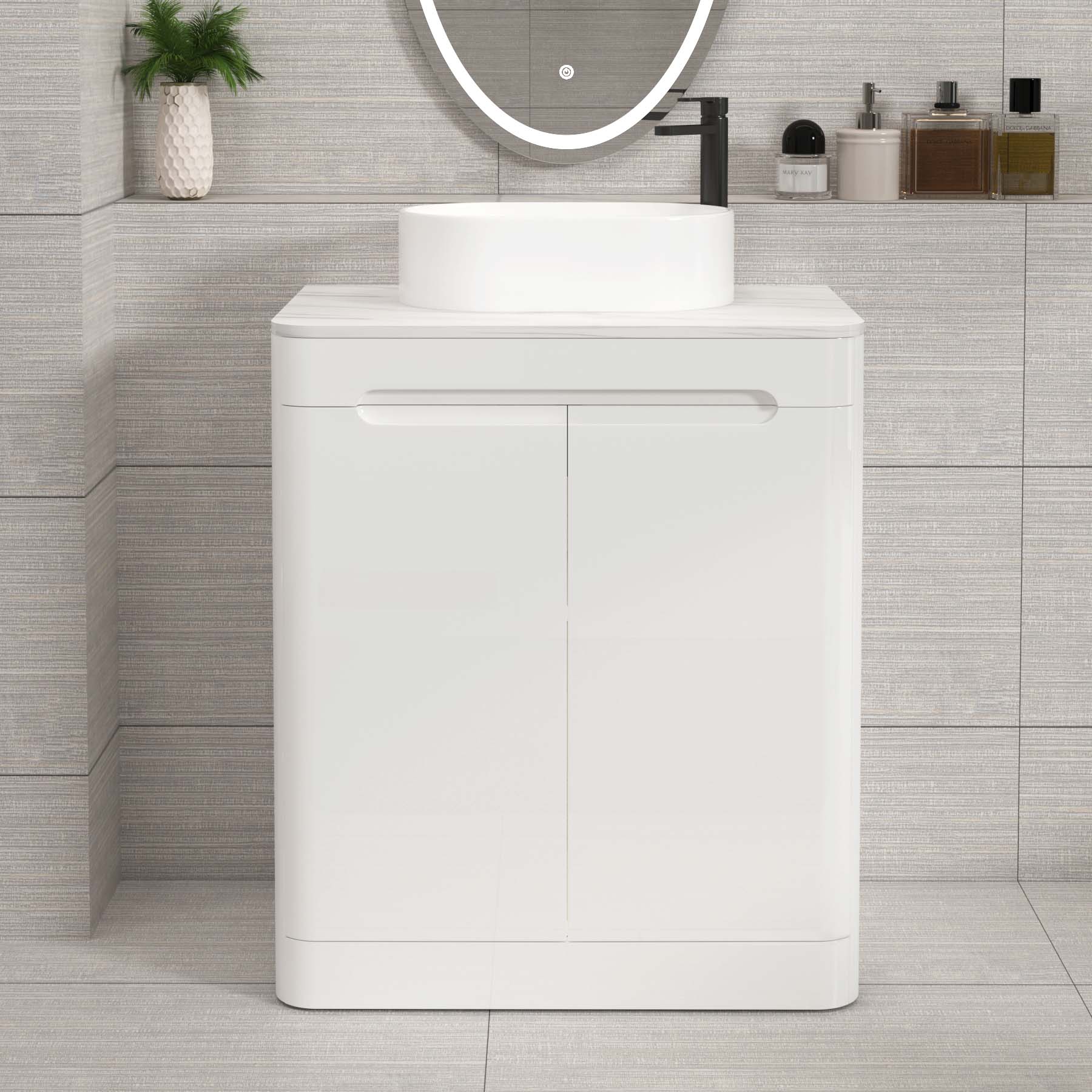 Venice Gloss White 2 Door Floor Standing Vanity Unit with Carrara White Undrilled Worktop & Various Countertop Basins