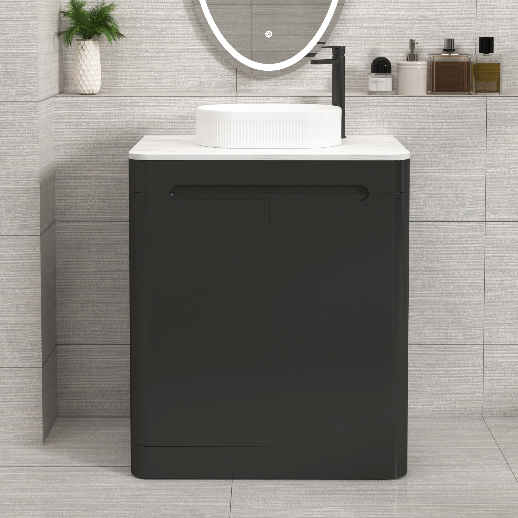 Venice Matt Nocturne Black 2 Door Floor Standing Vanity Unit with Carrara White Undrilled Worktop & Various Countertop Basins