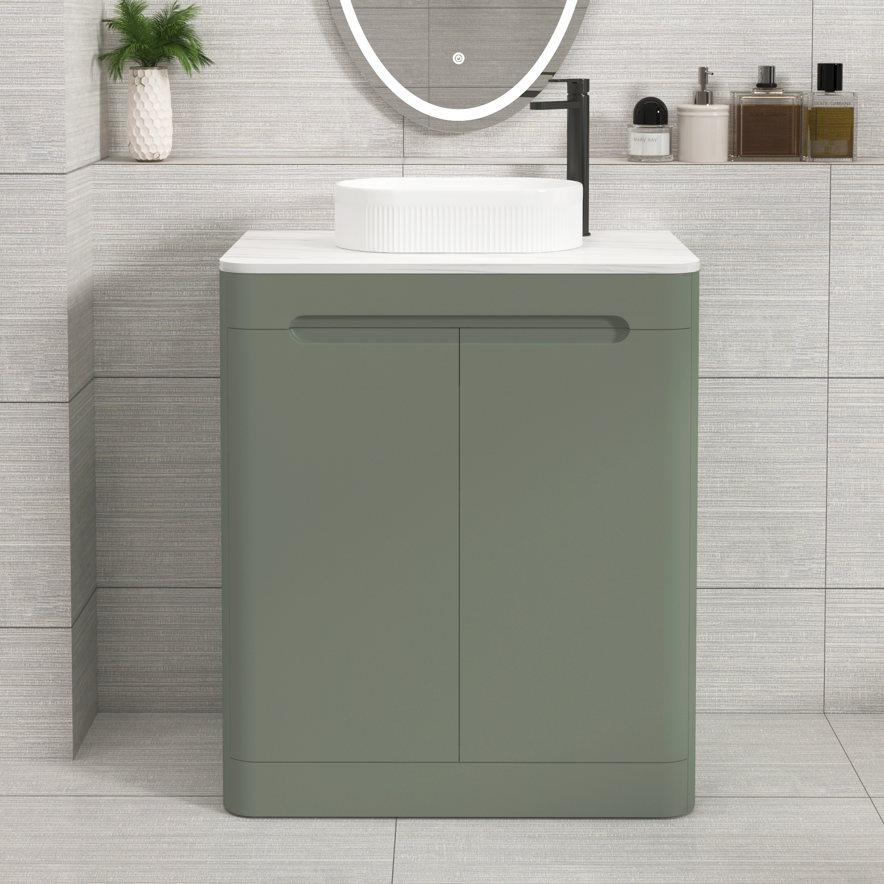 Venice Sage Green 2 Door Floor Standing Vanity Unit with Carrara White Undrilled Worktop & Various Countertop Basins