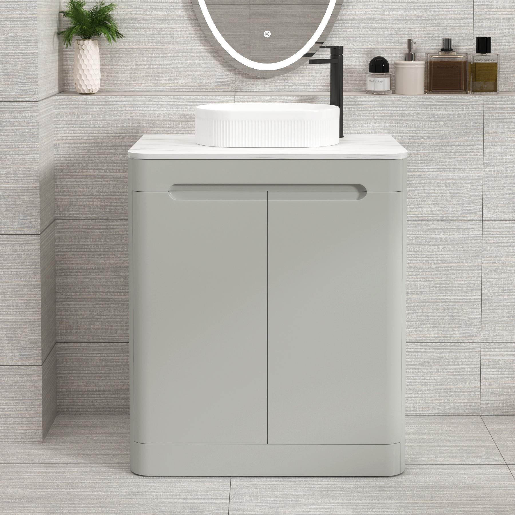 Venice Dove Grey 2 Door Floor Standing Vanity Unit with Carrara White Undrilled Worktop & Various Countertop Basins