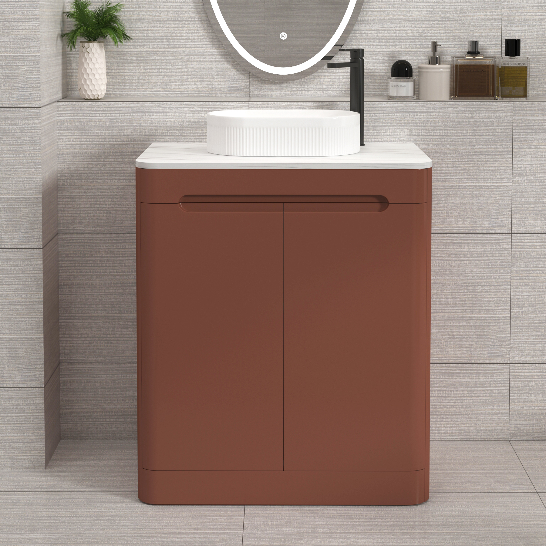Venice Terracotta Clay 2 Door Floor Standing Vanity Unit with Carrara White Undrilled Worktop & Various Countertop Basins