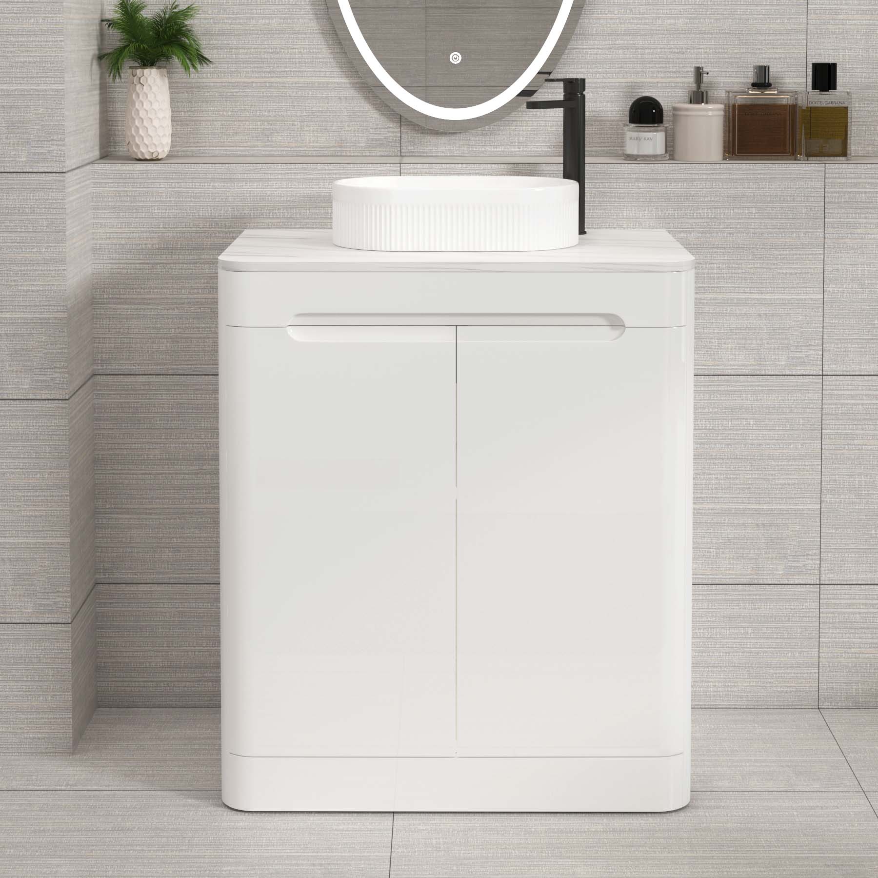 Venice Gloss White 2 Door Floor Standing Vanity Unit with Carrara White Undrilled Worktop & Various Countertop Basins
