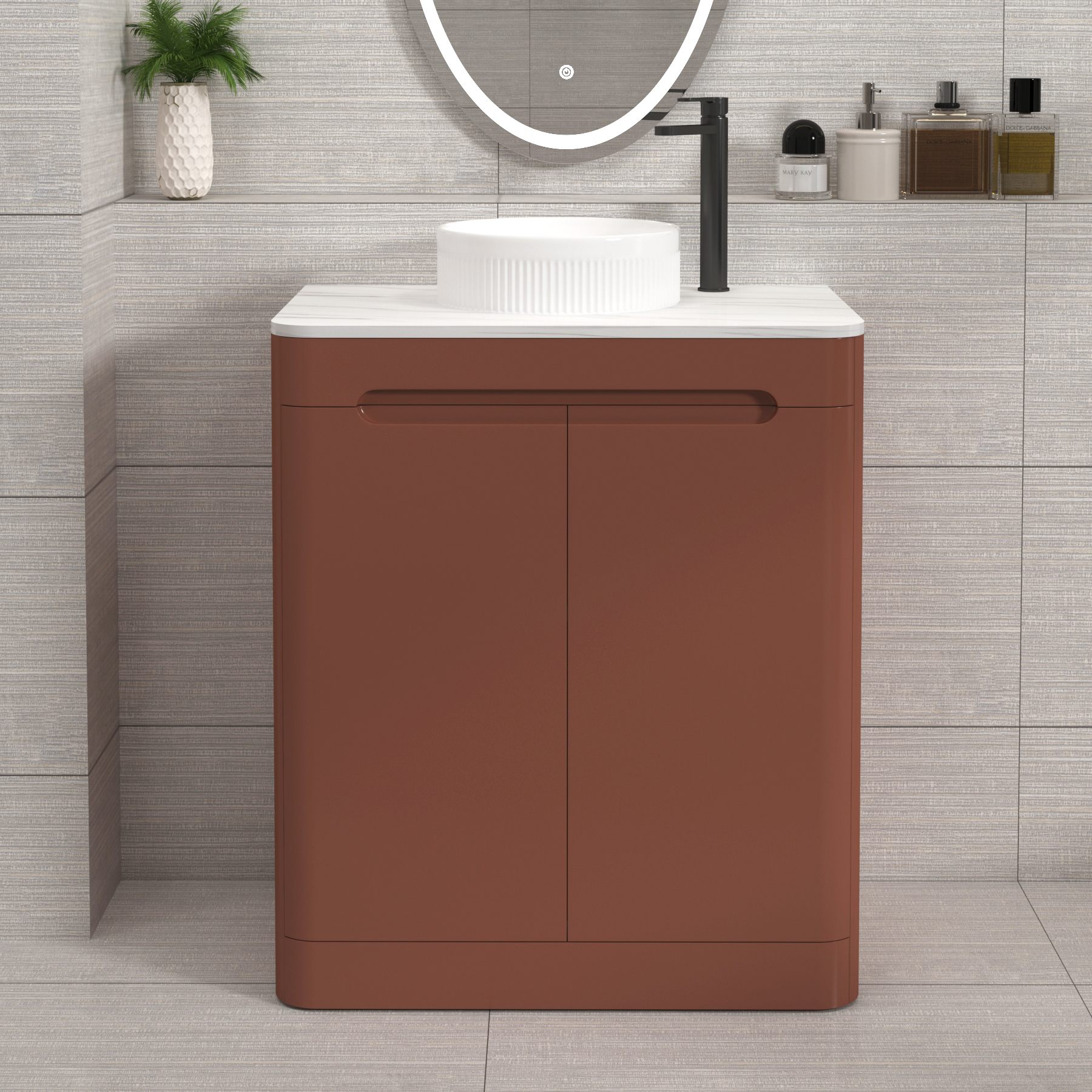 Venice Terracotta Clay 2 Door Floor Standing Vanity Unit with Carrara White Undrilled Worktop & Various Countertop Basins