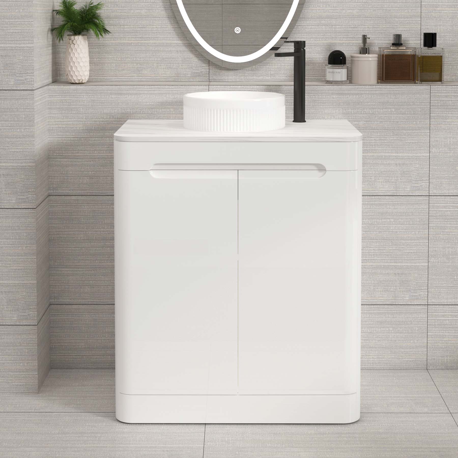 Venice Gloss White 2 Door Floor Standing Vanity Unit with Carrara White Undrilled Worktop & Various Countertop Basins