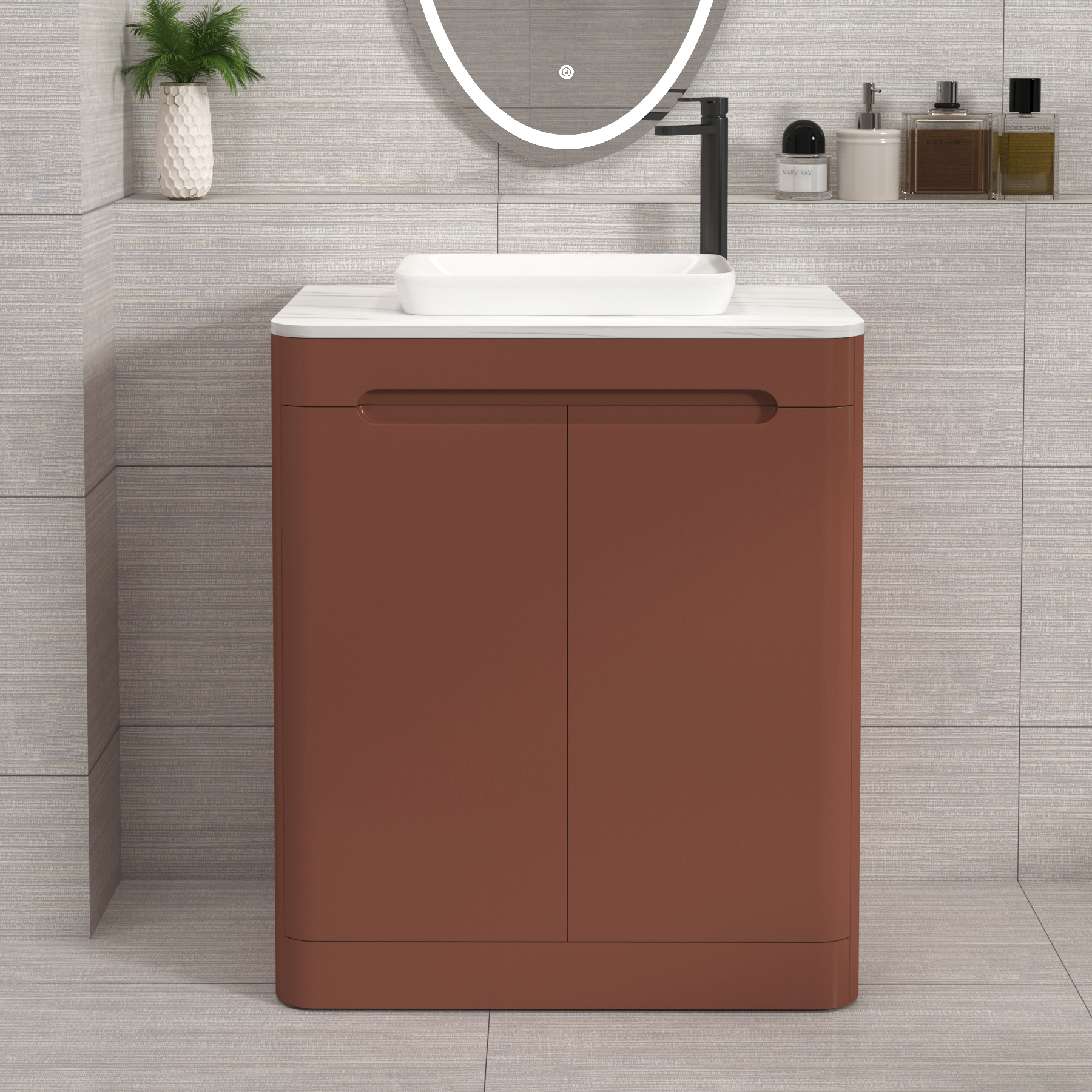 Venice Terracotta Clay 2 Door Floor Standing Vanity Unit with Carrara White Undrilled Worktop & Various Countertop Basins