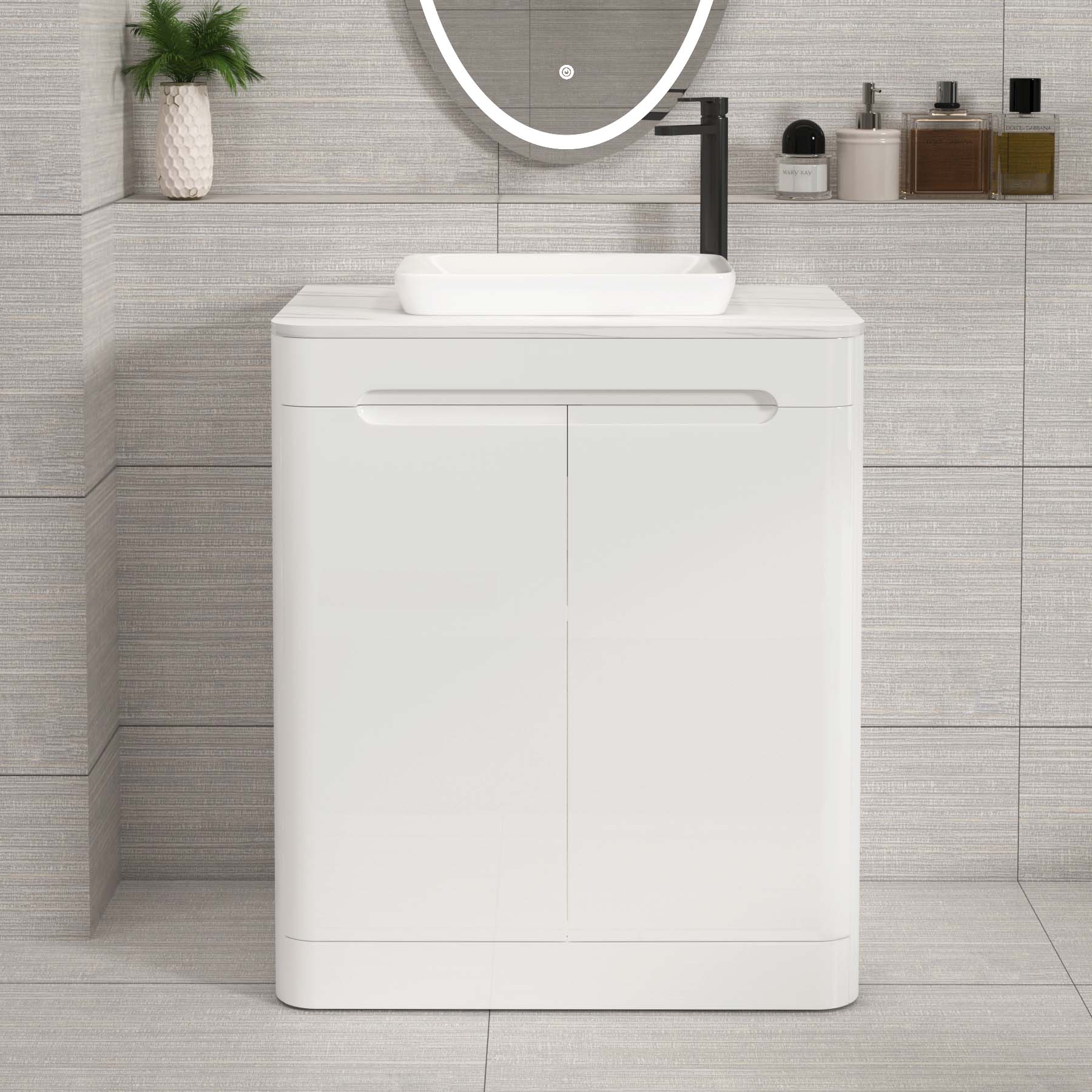 Venice Gloss White 2 Door Floor Standing Vanity Unit with Carrara White Undrilled Worktop & Various Countertop Basins