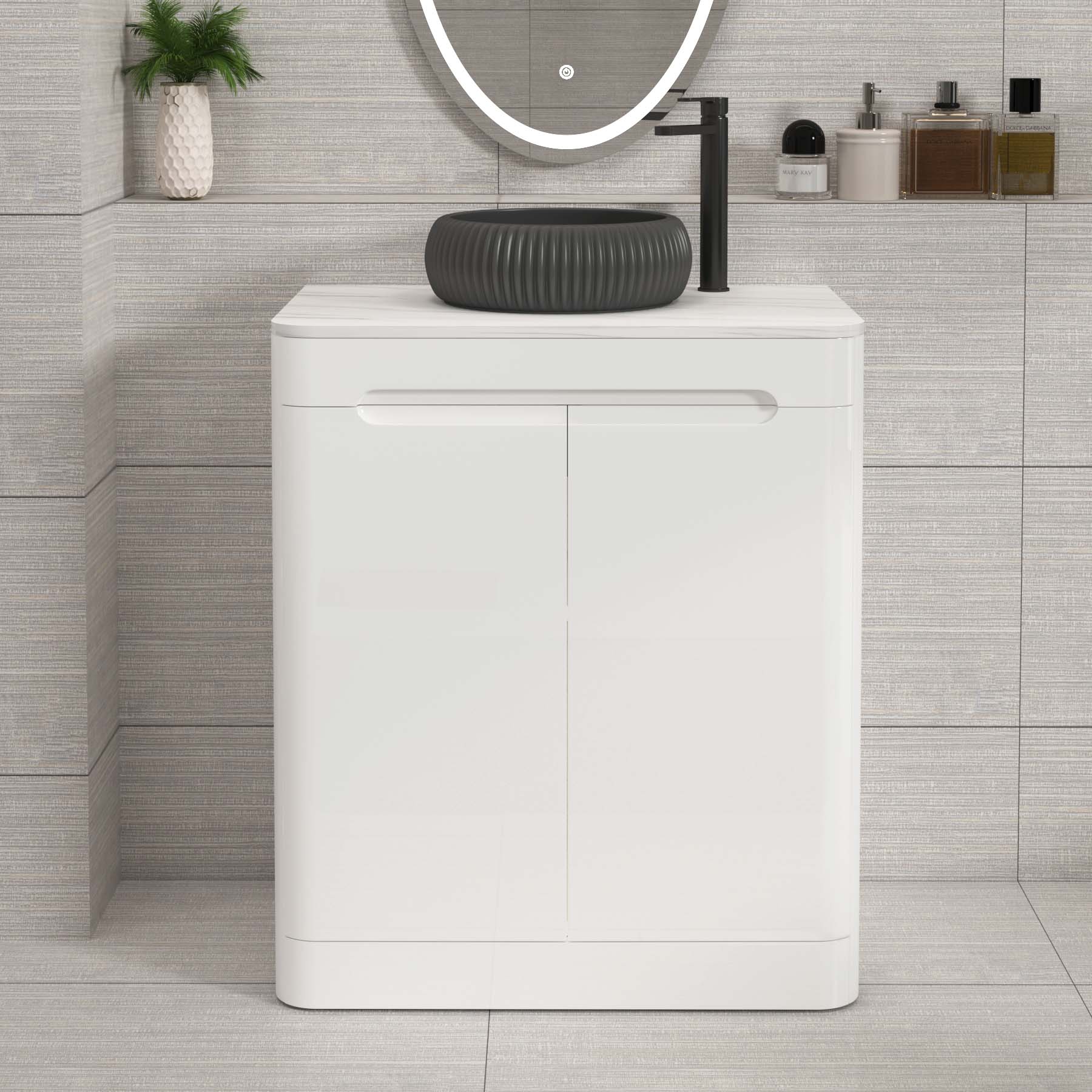 Venice Gloss White 2 Door Floor Standing Vanity Unit with Carrara White Undrilled Worktop & Various Countertop Basins