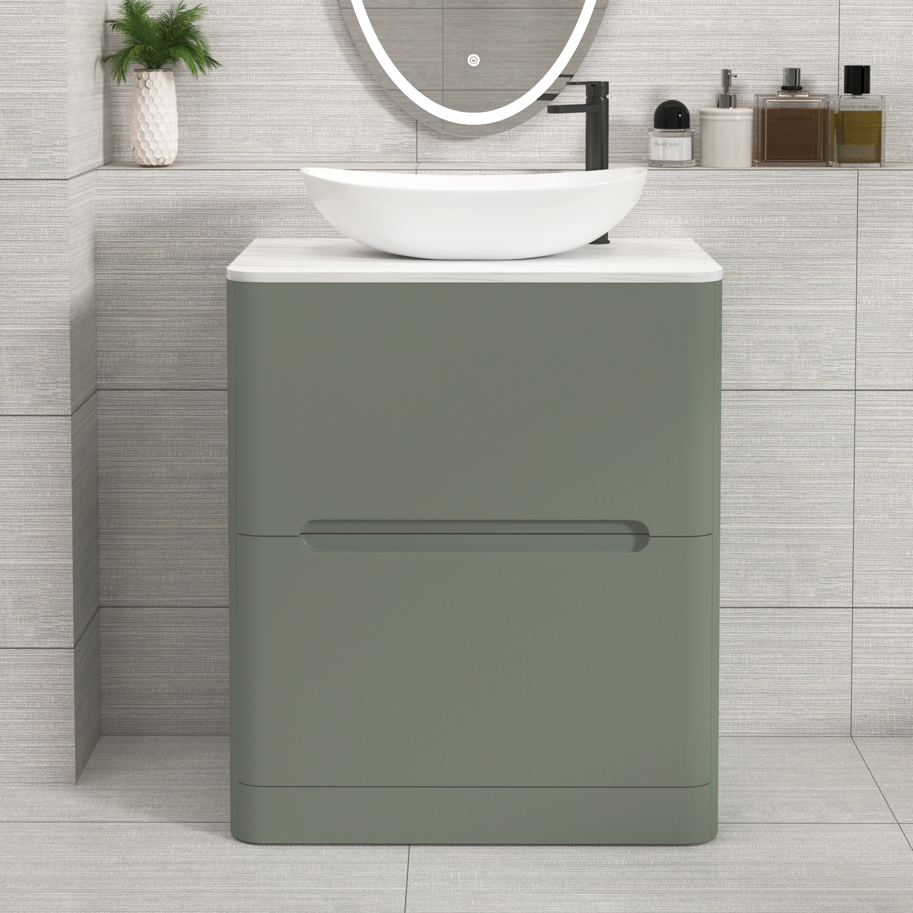 Venice Sage Green 2 Drawer Floor Standing Vanity Unit with Carrara White Undrilled Worktop & Various Countertop Basins