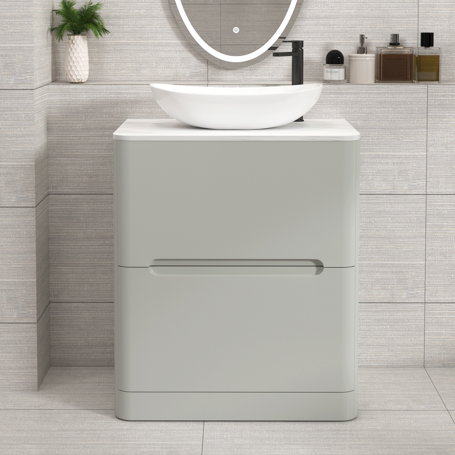 Venice Dove Grey 2 Drawer Floor Standing Vanity Unit with Carrara White Undrilled Worktop & Various Countertop Basins