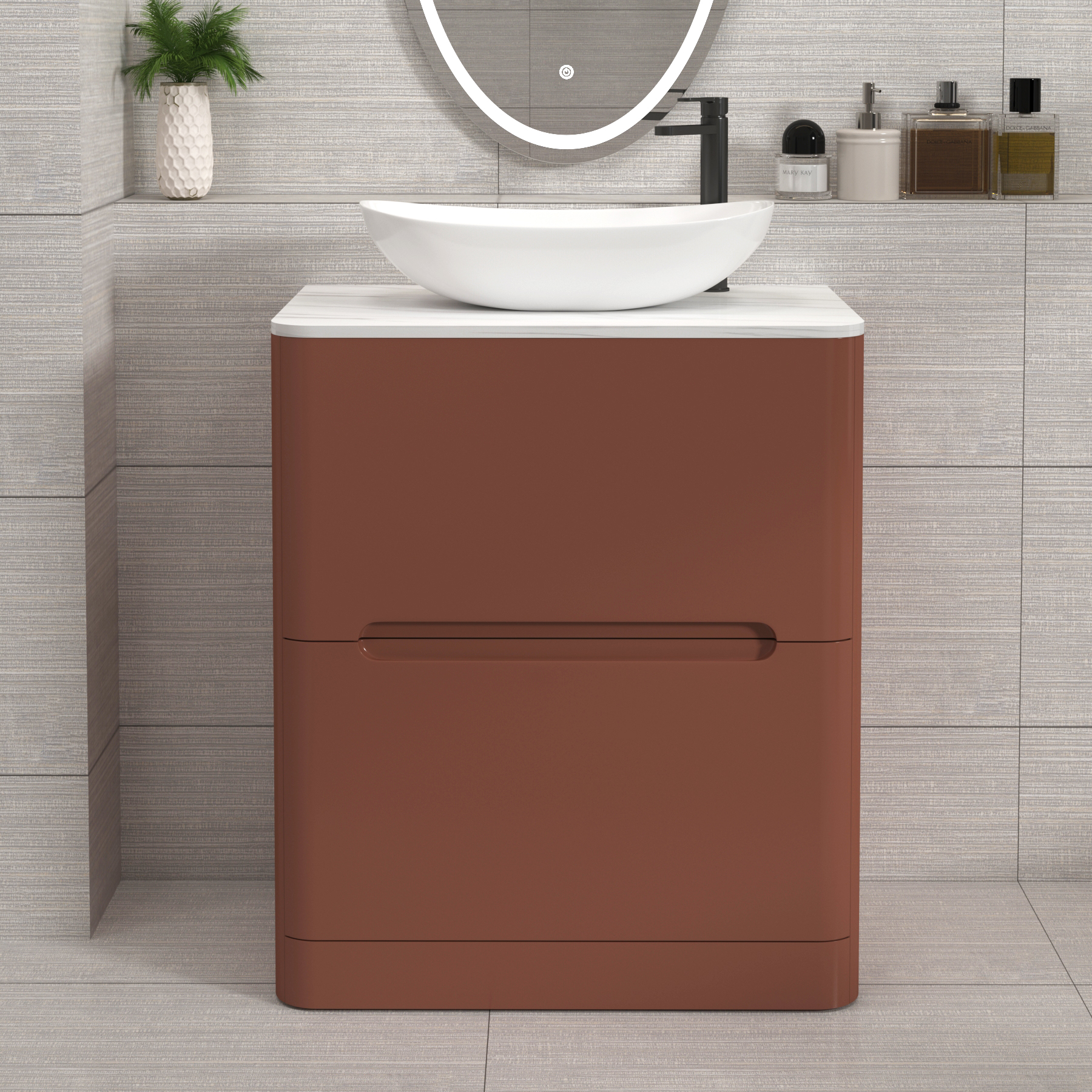 Venice Terracotta Clay 2 Drawer Floor Standing Vanity Unit with Carrara White Undrilled Worktop & Various Countertop Basins
