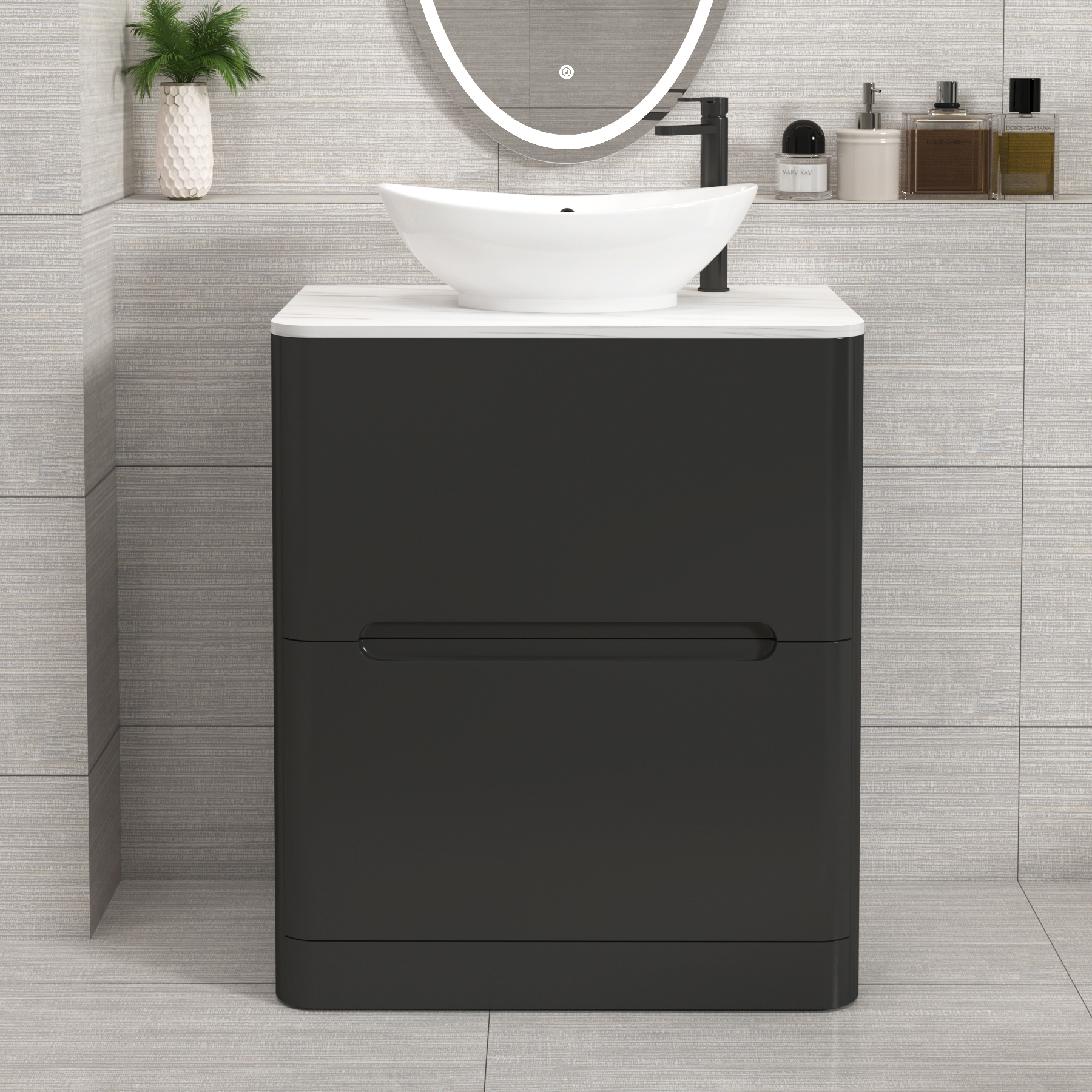 Venice Matt Nocturne Black 2 Drawer Floor Standing Vanity Unit with Carrara White Undrilled Worktop & Various Countertop Basins