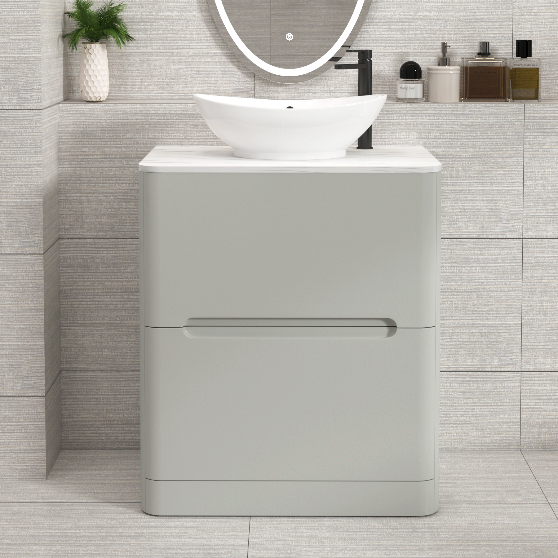 Venice Dove Grey 2 Drawer Floor Standing Vanity Unit with Carrara White Undrilled Worktop & Various Countertop Basins