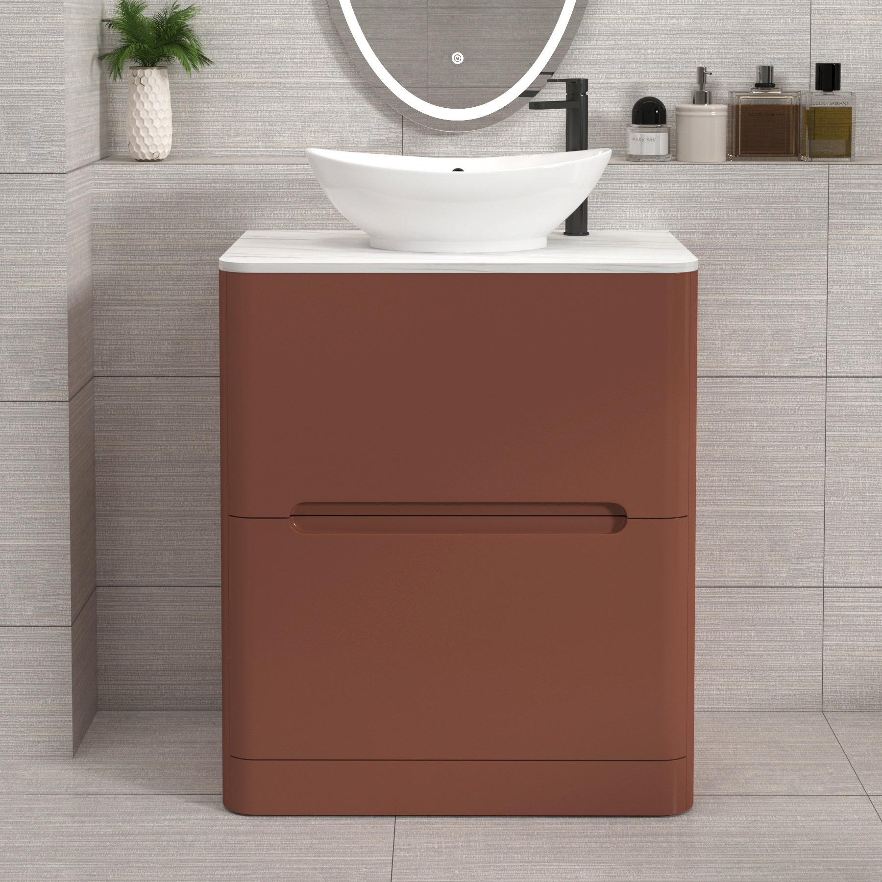 Venice Terracotta Clay 2 Drawer Floor Standing Vanity Unit with Carrara White Undrilled Worktop & Various Countertop Basins