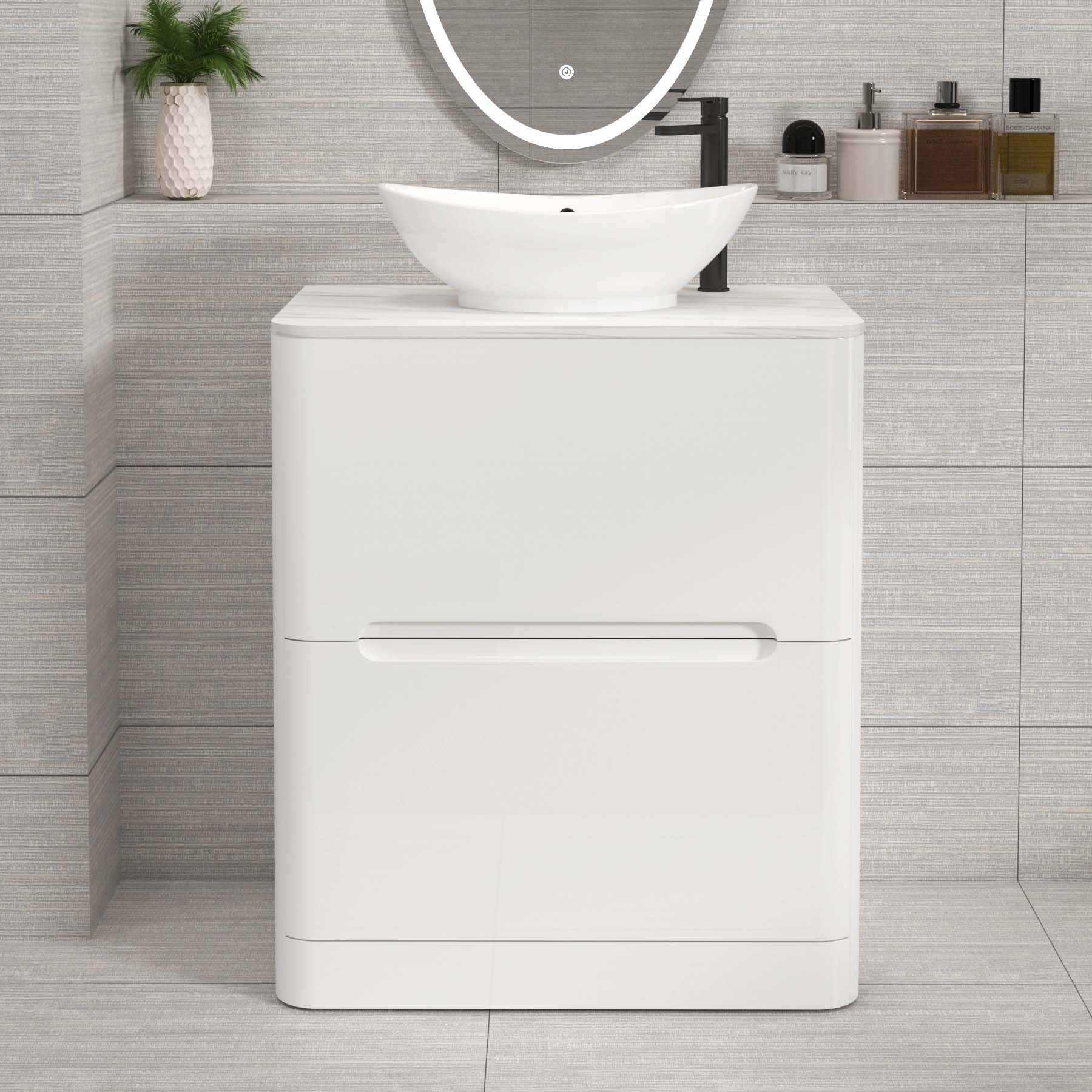 Venice Gloss White 2 Drawer Floor Standing Vanity Unit with Carrara White Undrilled Worktop & Various Countertop Basins