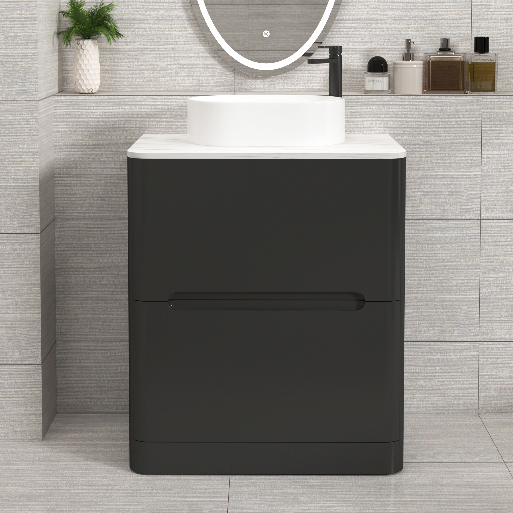Venice Matt Nocturne Black 2 Drawer Floor Standing Vanity Unit with Carrara White Undrilled Worktop & Various Countertop Basins