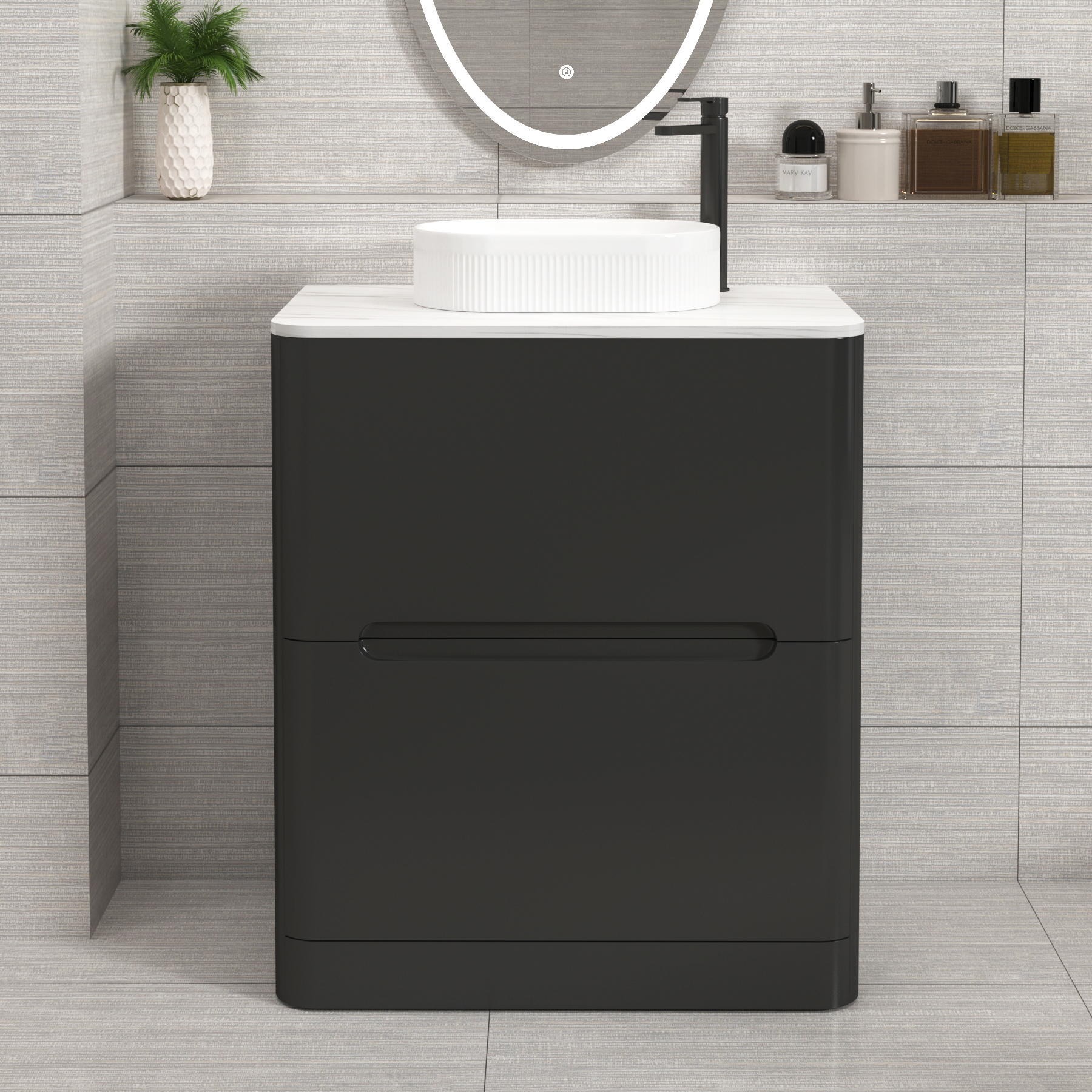 Venice Matt Nocturne Black 2 Drawer Floor Standing Vanity Unit with Carrara White Undrilled Worktop & Various Countertop Basins