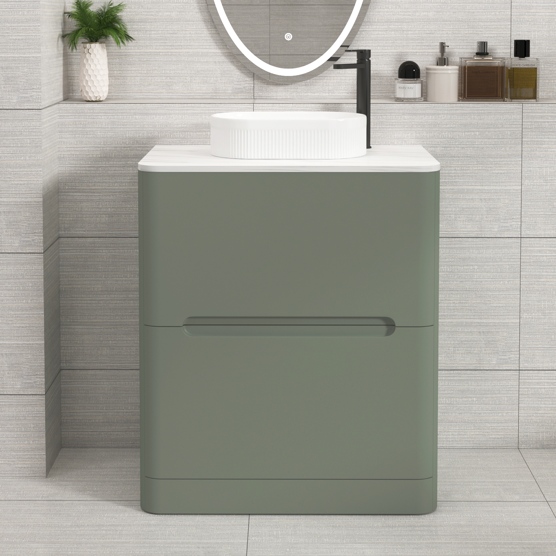 Venice Sage Green 2 Drawer Floor Standing Vanity Unit with Carrara White Undrilled Worktop & Various Countertop Basins