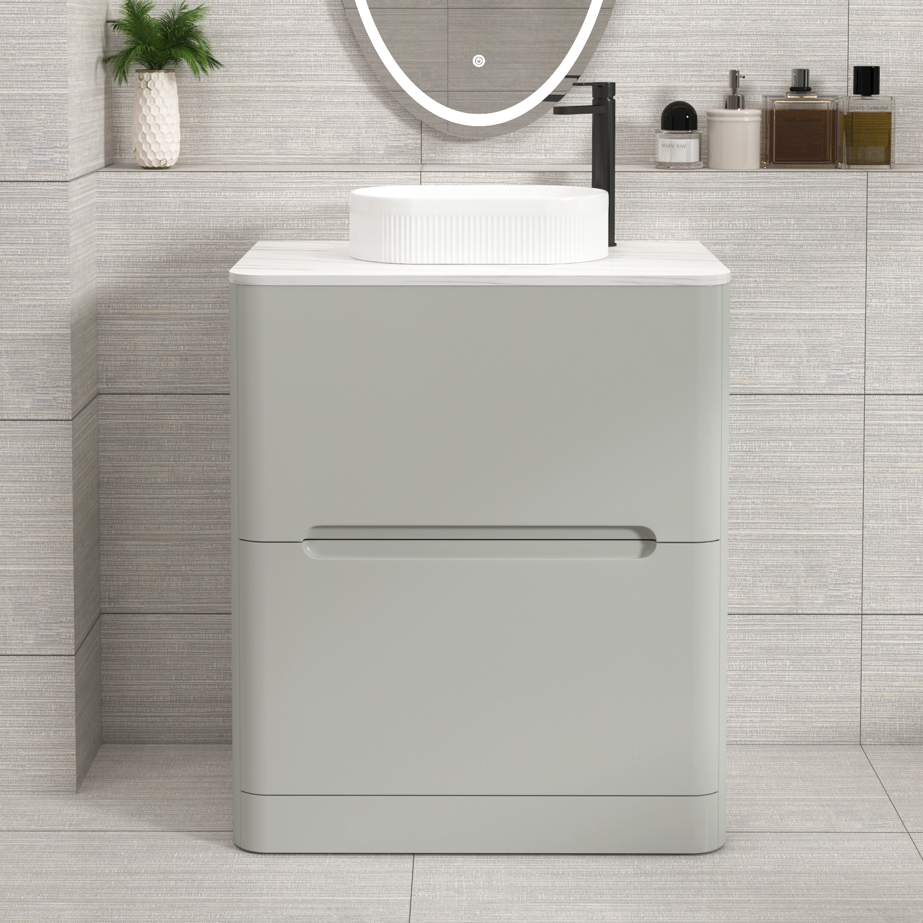Venice Dove Grey 2 Drawer Floor Standing Vanity Unit with Carrara White Undrilled Worktop & Various Countertop Basins