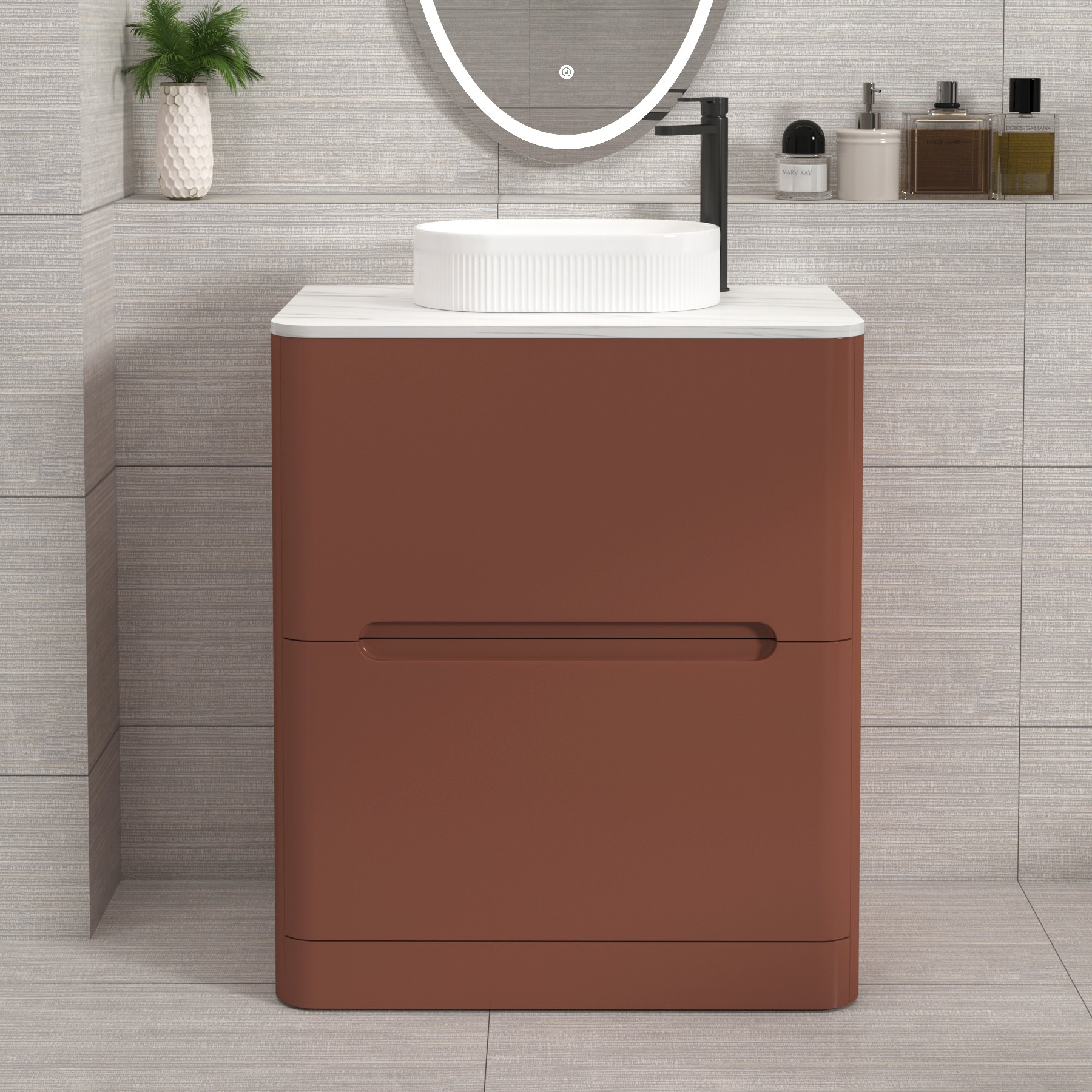 Venice Terracotta Clay 2 Drawer Floor Standing Vanity Unit with Carrara White Undrilled Worktop & Various Countertop Basins