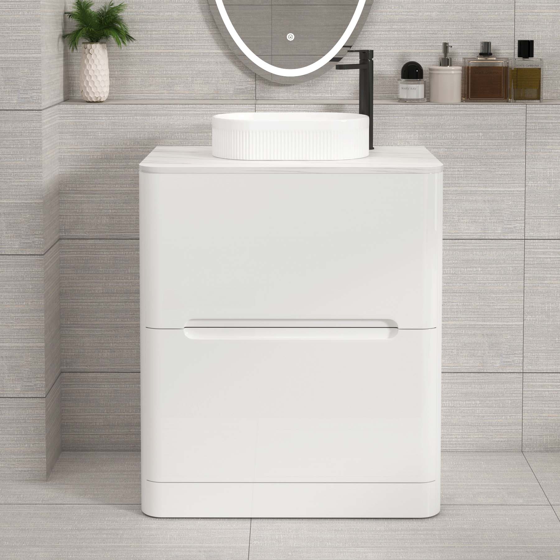 Venice Gloss White 2 Drawer Floor Standing Vanity Unit with Carrara White Undrilled Worktop & Various Countertop Basins