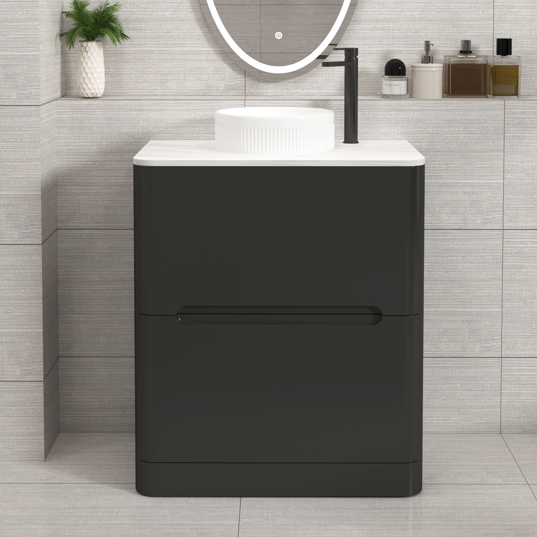 Venice Matt Nocturne Black 2 Drawer Floor Standing Vanity Unit with Carrara White Undrilled Worktop & Various Countertop Basins