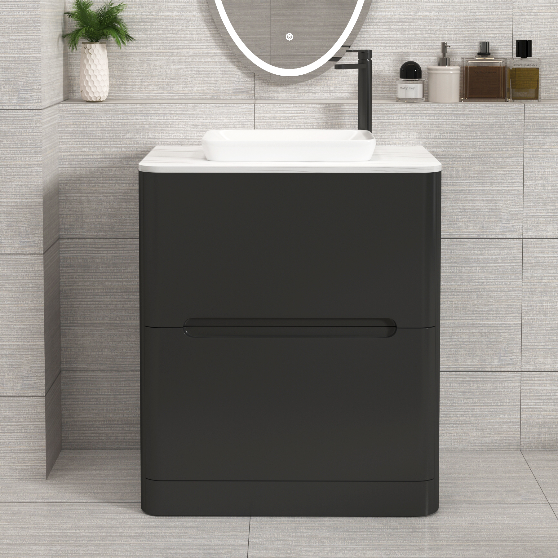 Venice Matt Nocturne Black 2 Drawer Floor Standing Vanity Unit with Carrara White Undrilled Worktop & Various Countertop Basins