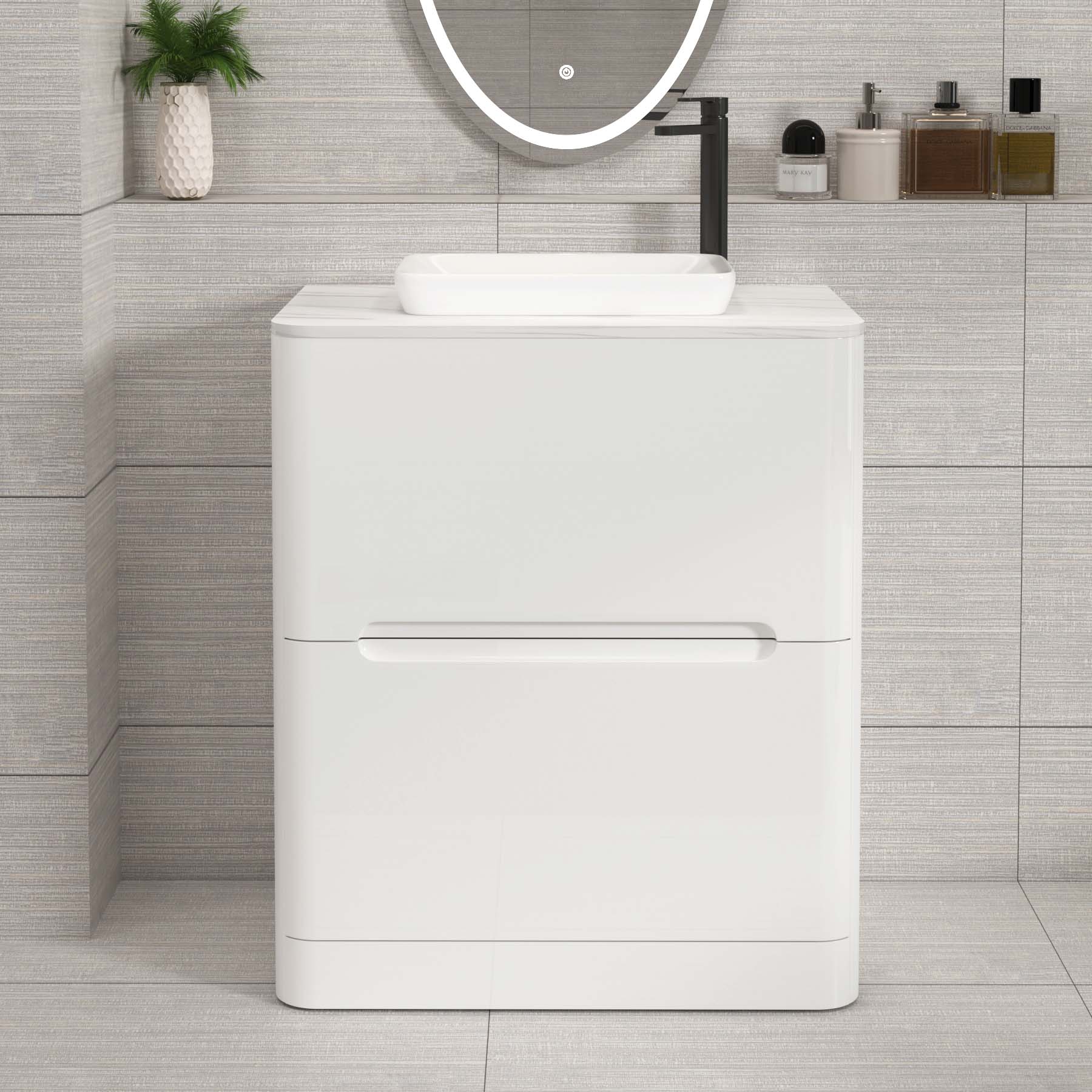 Venice Gloss White 2 Drawer Floor Standing Vanity Unit with Carrara White Undrilled Worktop & Various Countertop Basins