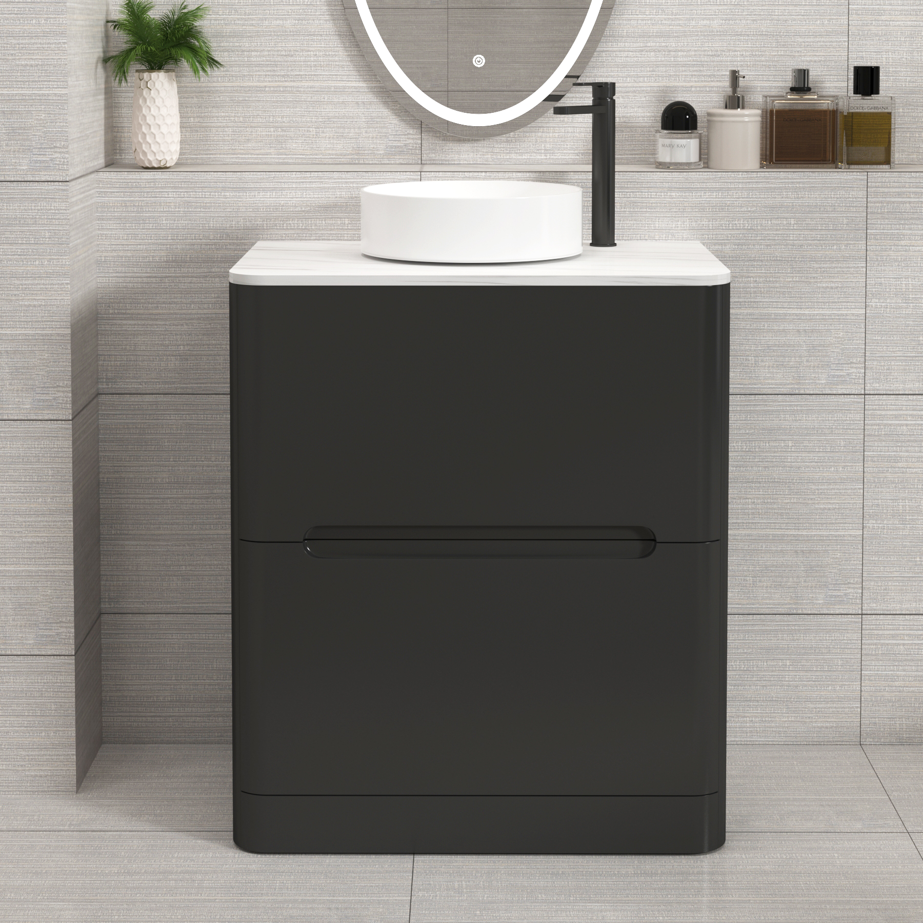 Venice Matt Nocturne Black 2 Drawer Floor Standing Vanity Unit with Carrara White Undrilled Worktop & Various Countertop Basins