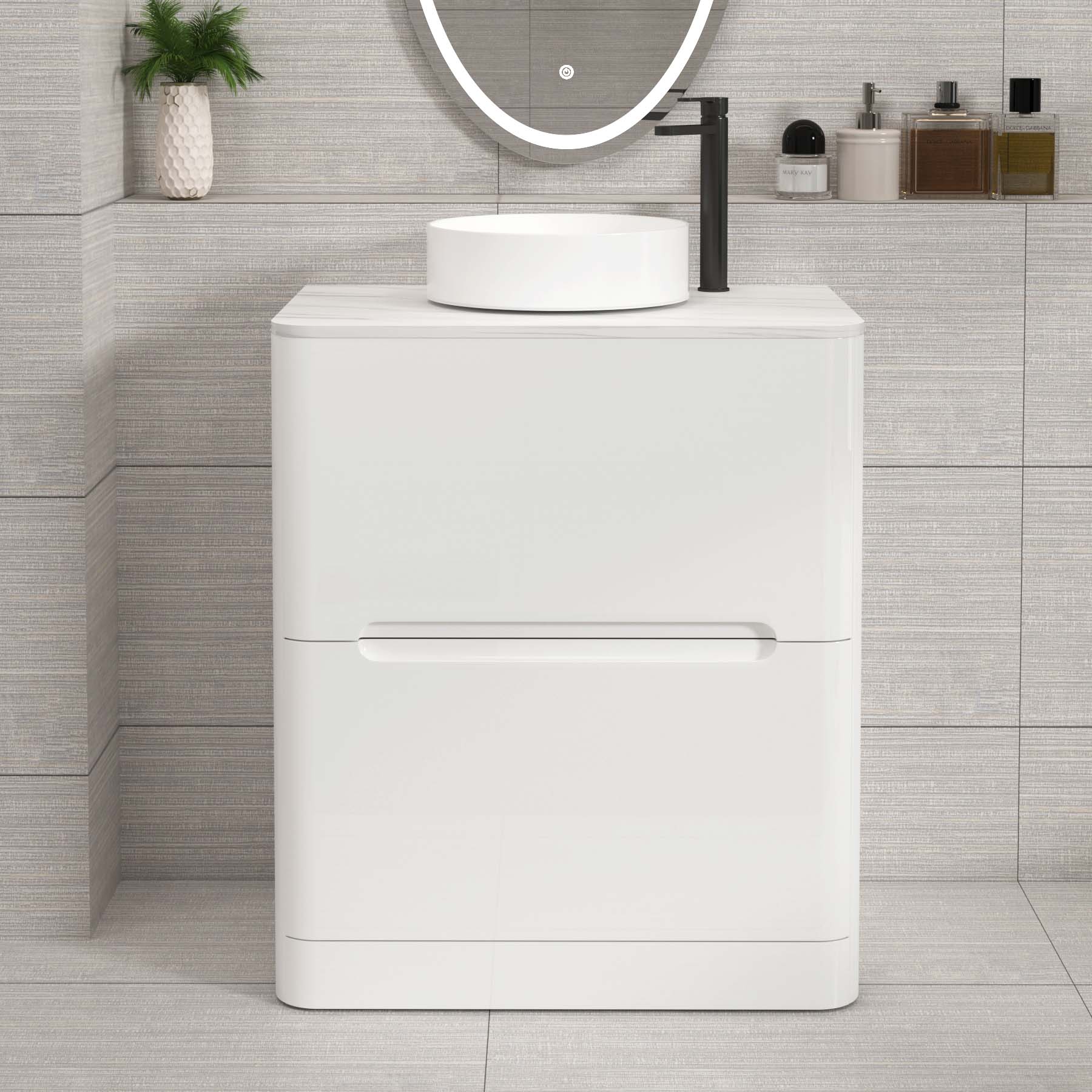 Venice Gloss White 2 Drawer Floor Standing Vanity Unit with Carrara White Undrilled Worktop & Various Countertop Basins