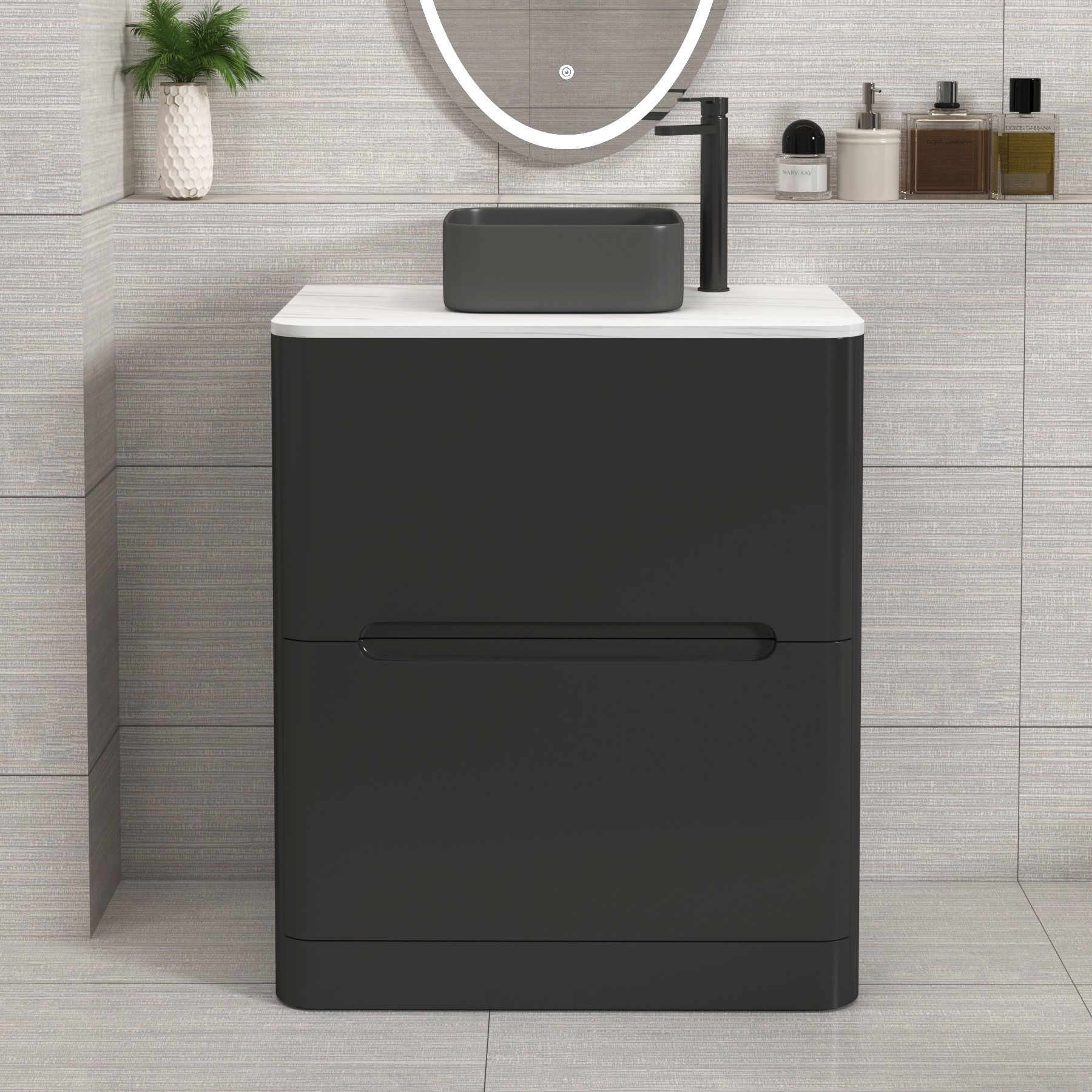 Venice Matt Nocturne Black 2 Drawer Floor Standing Vanity Unit with Carrara White Undrilled Worktop & Various Countertop Basins