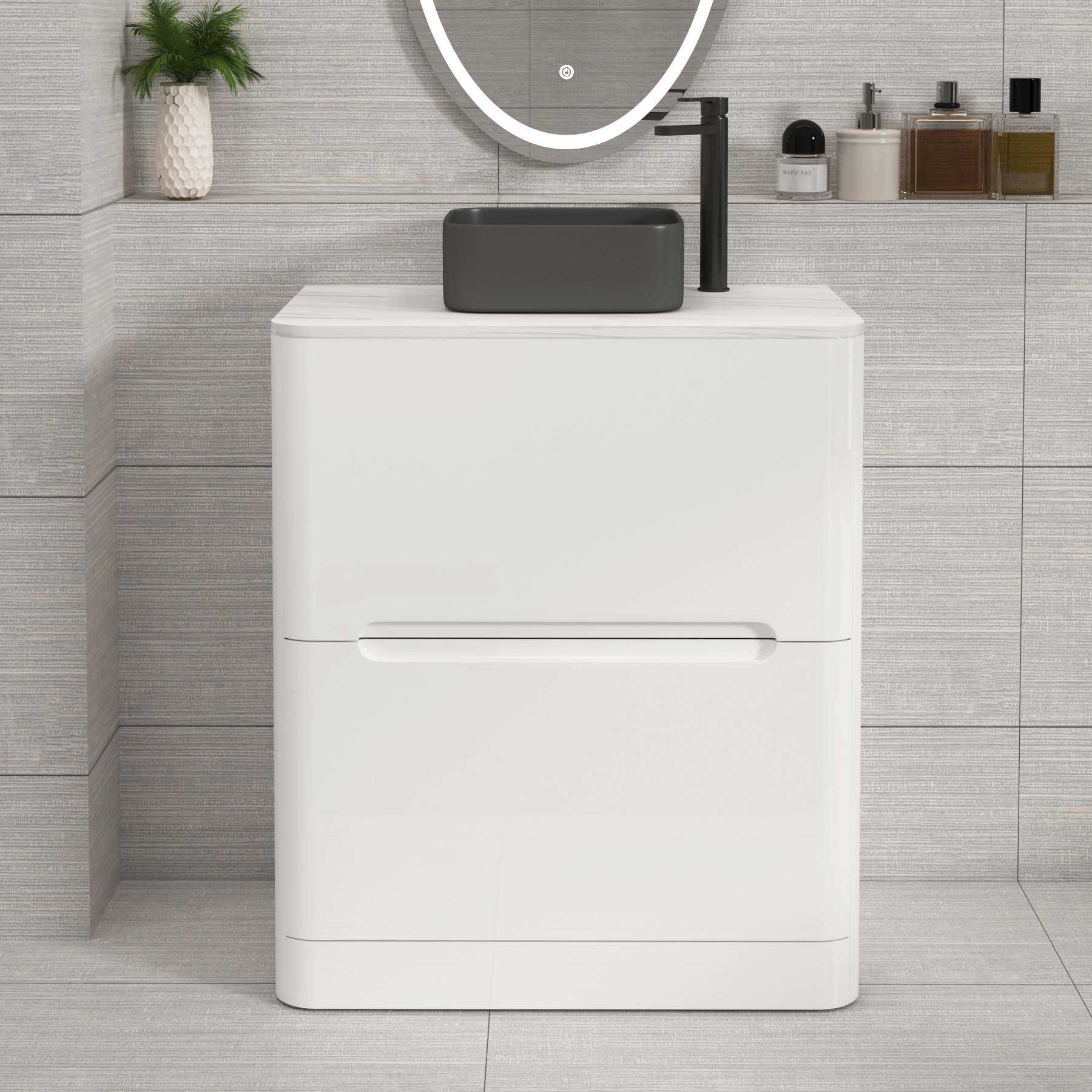 Venice Gloss White 2 Drawer Floor Standing Vanity Unit with Carrara White Undrilled Worktop & Various Countertop Basins