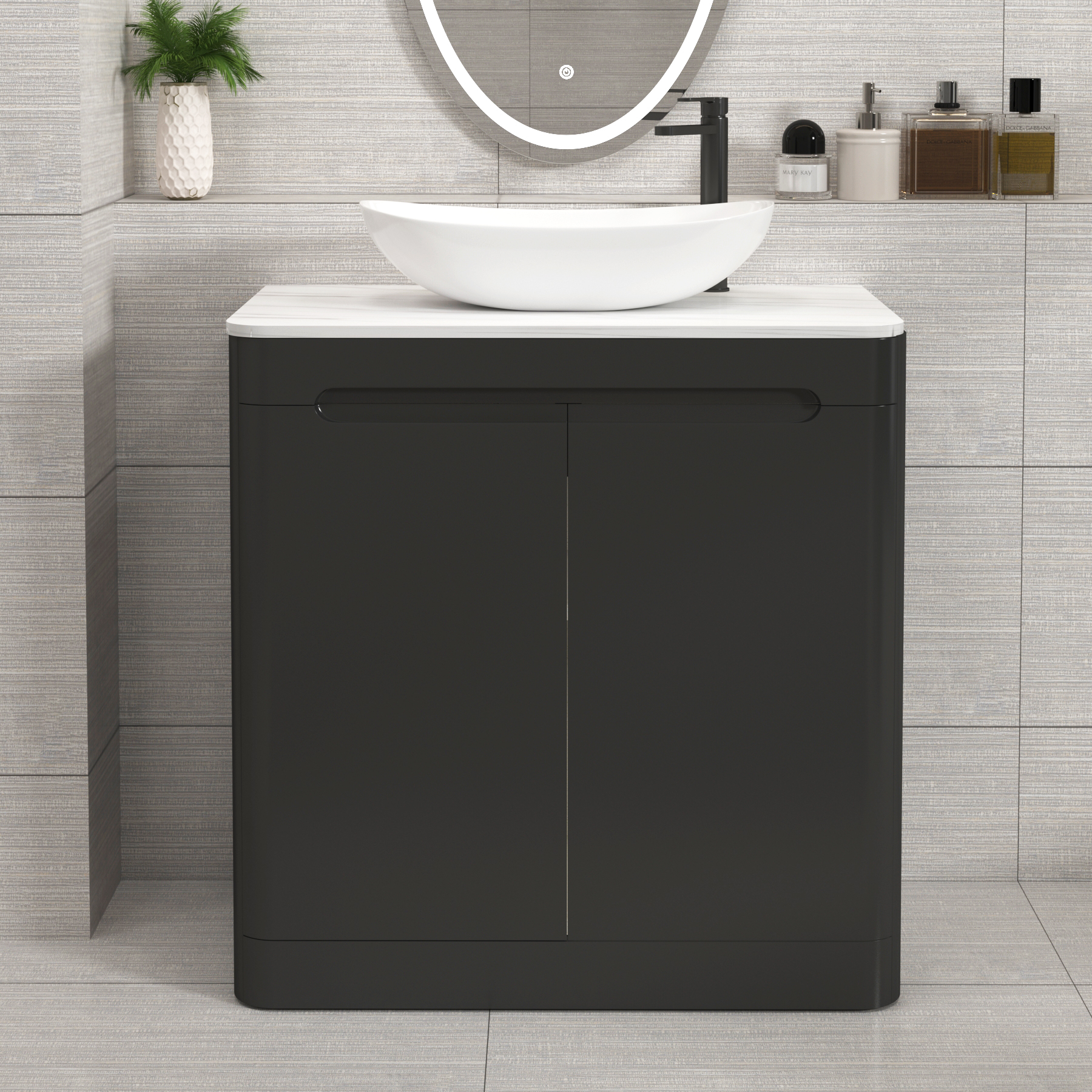 Venice Matt Nocturne Black 2 Door Floor Standing Vanity Unit with Carrara White Undrilled Worktop & Various Countertop Basins