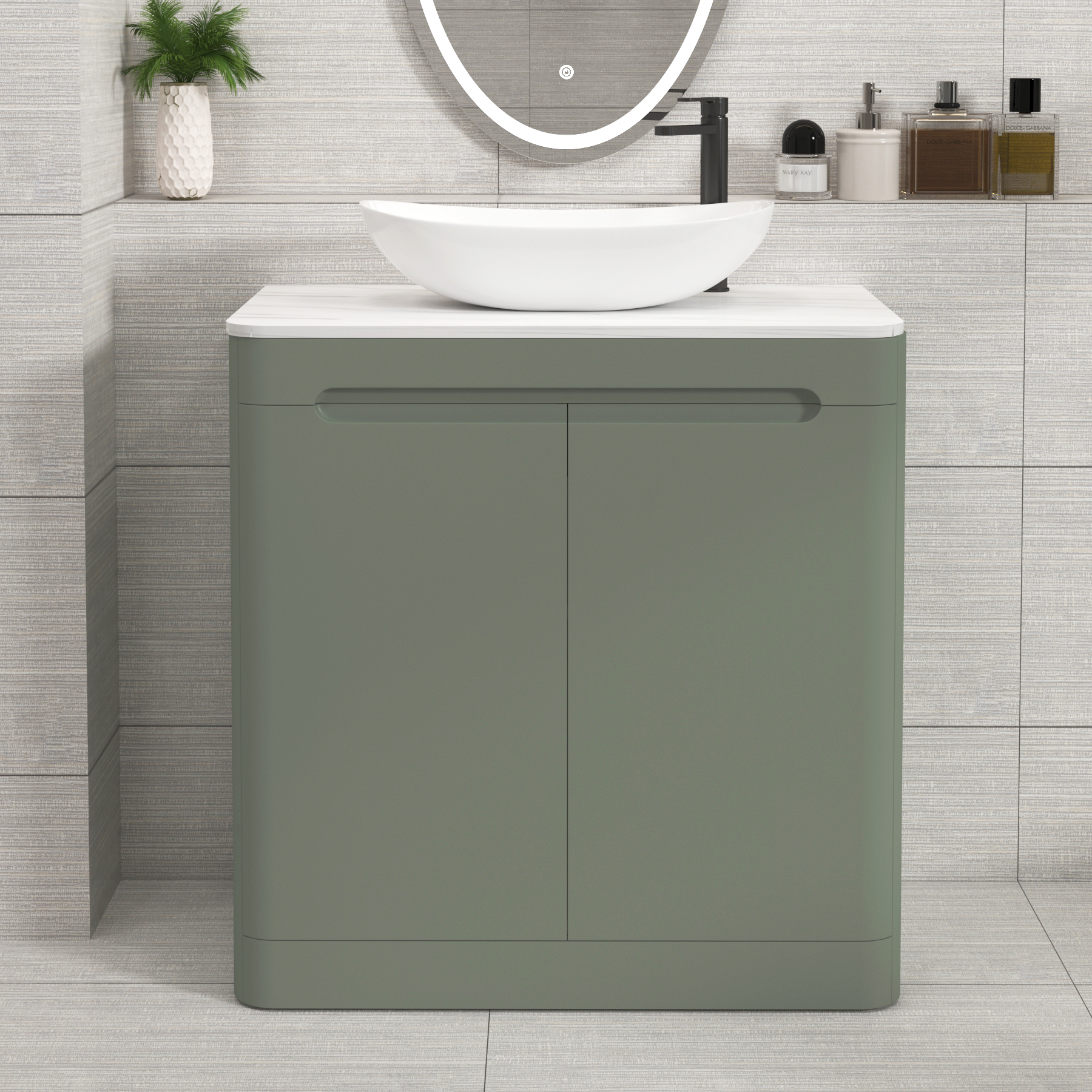 Venice Sage Green 2 Door Floor Standing Vanity Unit with Carrara White Undrilled Worktop & Various Countertop Basins
