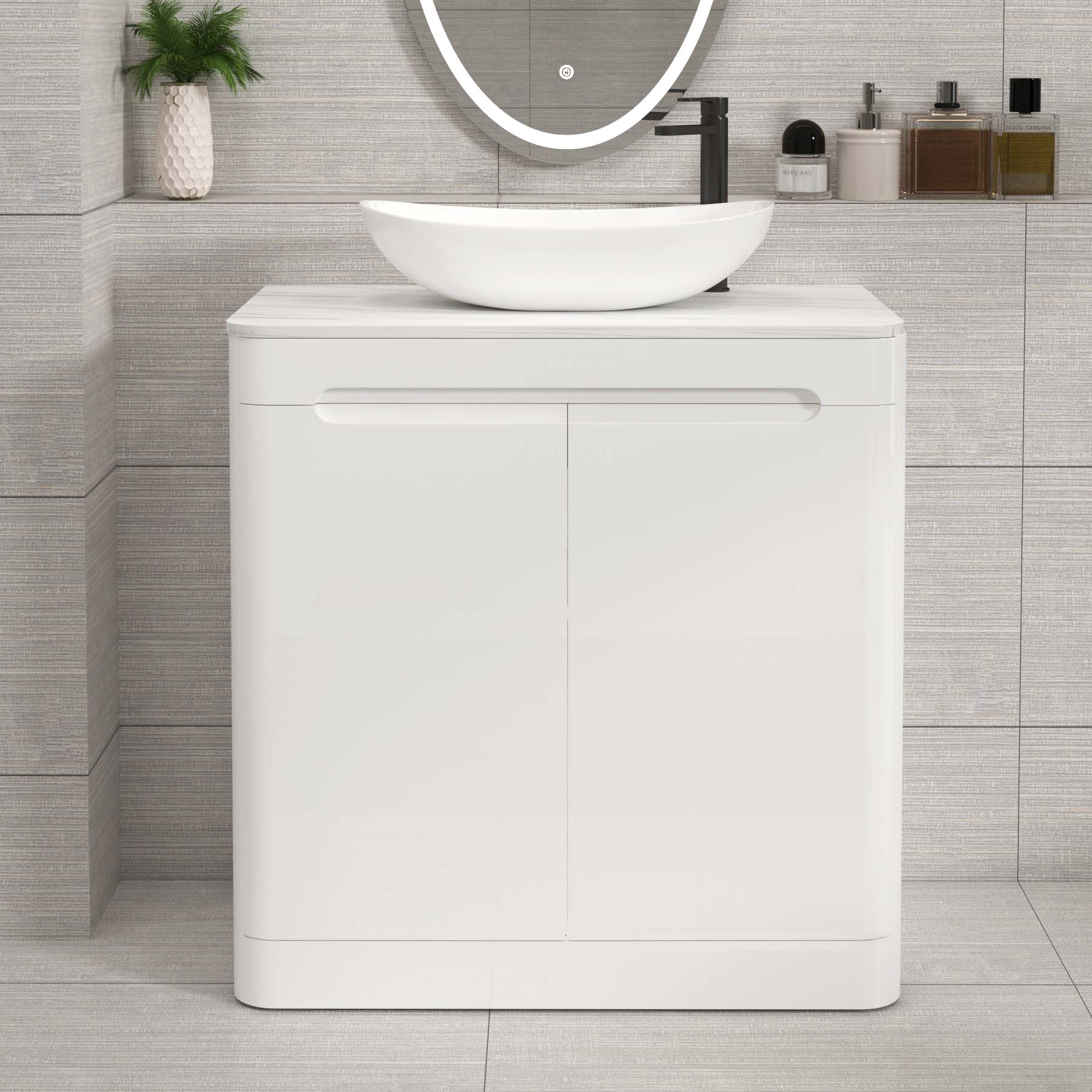 Venice Gloss White 2 Door Floor Standing Vanity Unit with Carrara White Undrilled Worktop & Various Countertop Basins