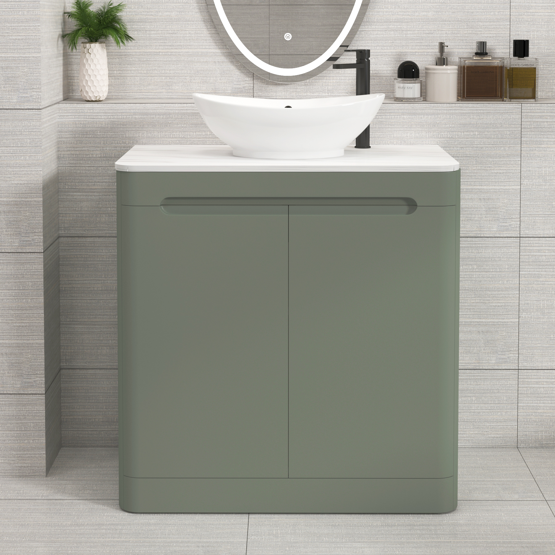 Venice Sage Green 2 Door Floor Standing Vanity Unit with Carrara White Undrilled Worktop & Various Countertop Basins