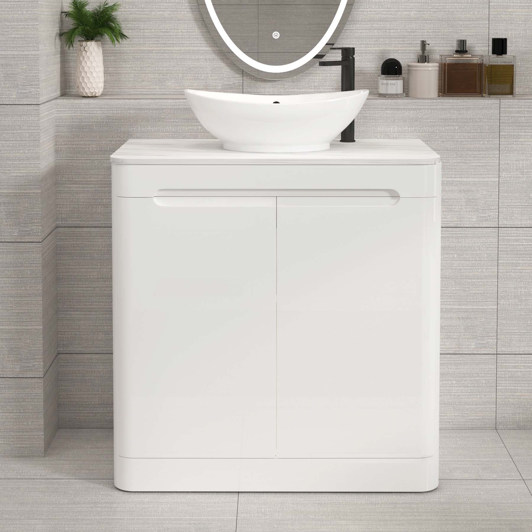 Venice Gloss White 2 Door Floor Standing Vanity Unit with Carrara White Undrilled Worktop & Various Countertop Basins