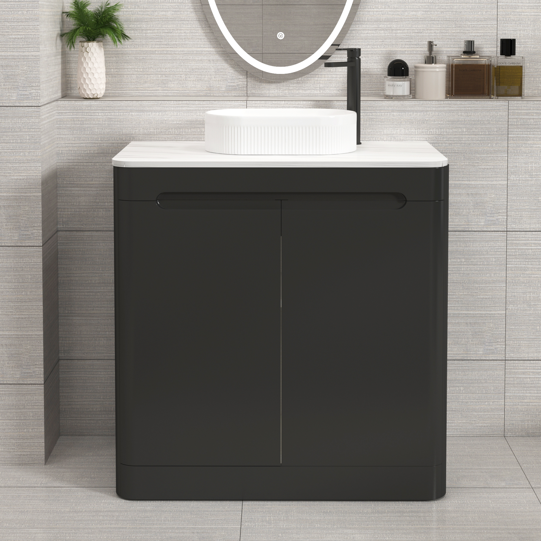 Venice Matt Nocturne Black 2 Door Floor Standing Vanity Unit with Carrara White Undrilled Worktop & Various Countertop Basins