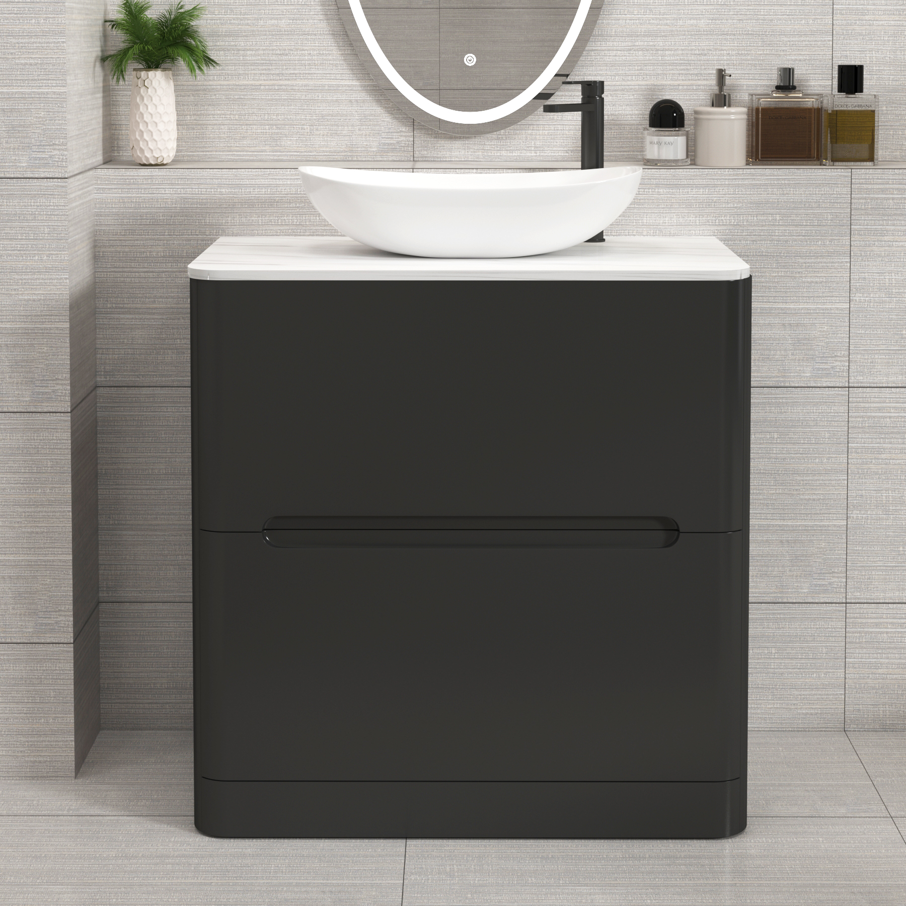 Venice Matt Nocturne Black 2 Drawer Floor Standing Vanity Unit with Carrara White Undrilled Worktop & Various Countertop Basins