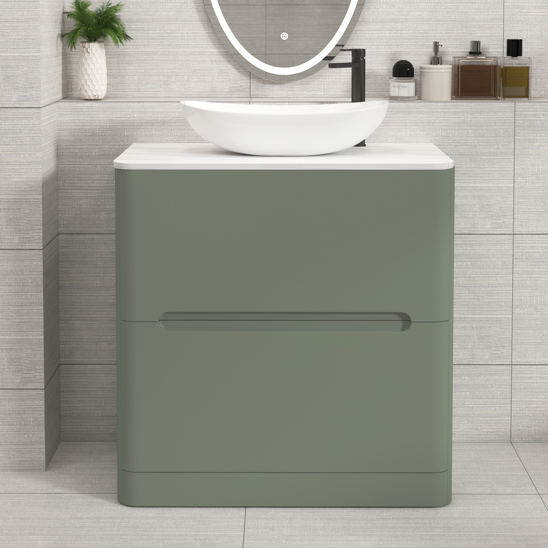 Venice Sage Green 2 Drawer Floor Standing Vanity Unit with Carrara White Undrilled Worktop & Various Countertop Basins