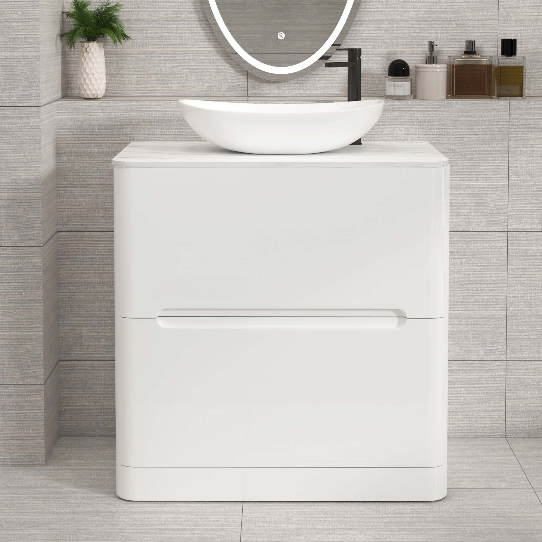 Venice Gloss White 2 Drawer Floor Standing Vanity Unit with Carrara White Undrilled Worktop & Various Countertop Basins