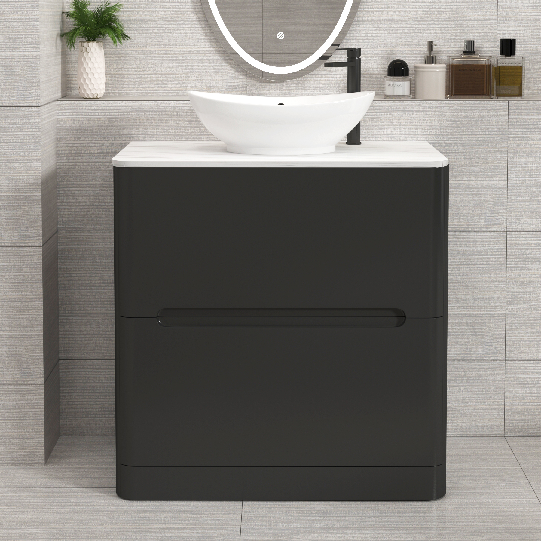 Venice Matt Nocturne Black 2 Drawer Floor Standing Vanity Unit with Carrara White Undrilled Worktop & Various Countertop Basins